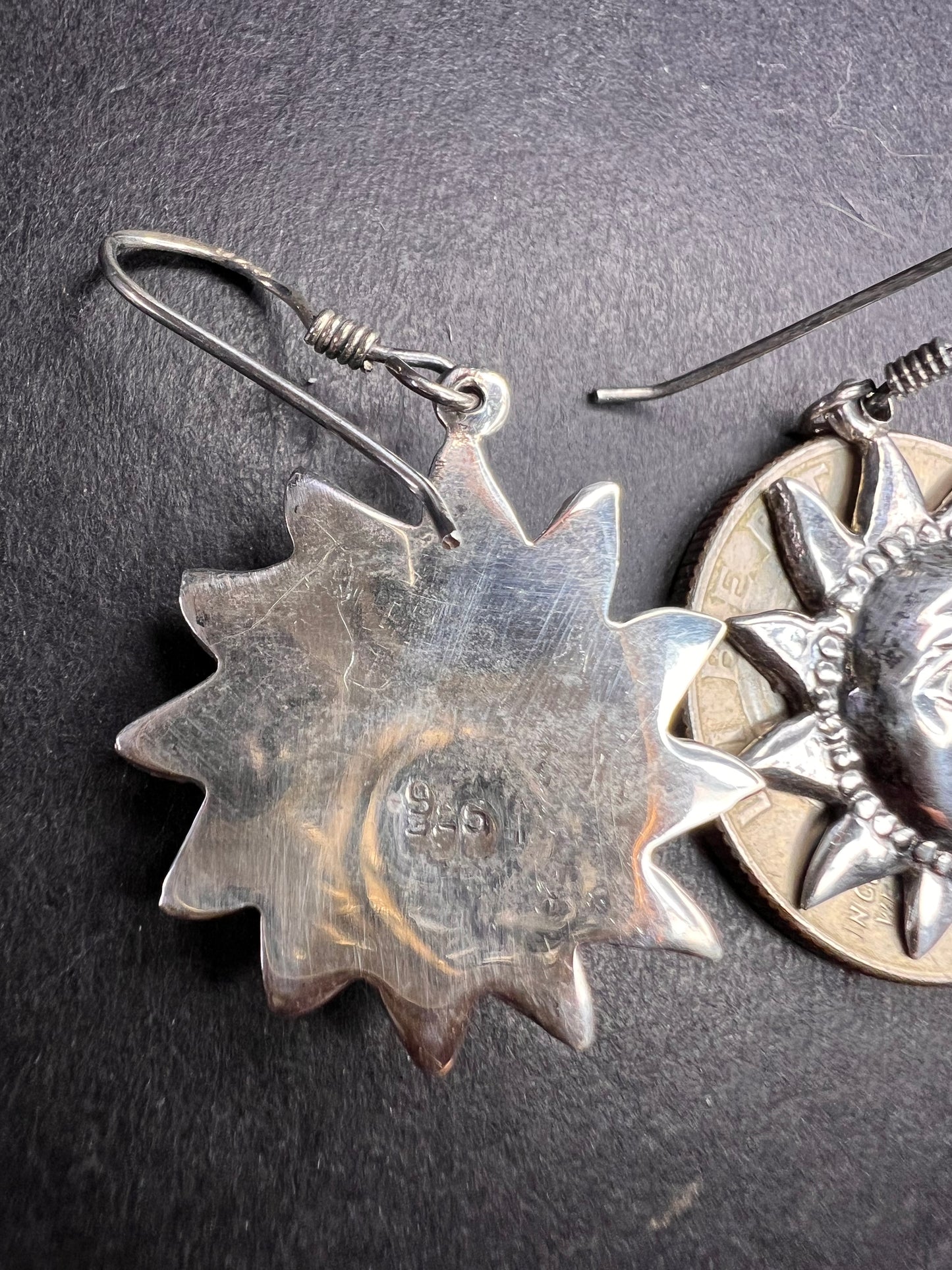 Vintage Sterling Silver Sun Face Dangle Earrings 925