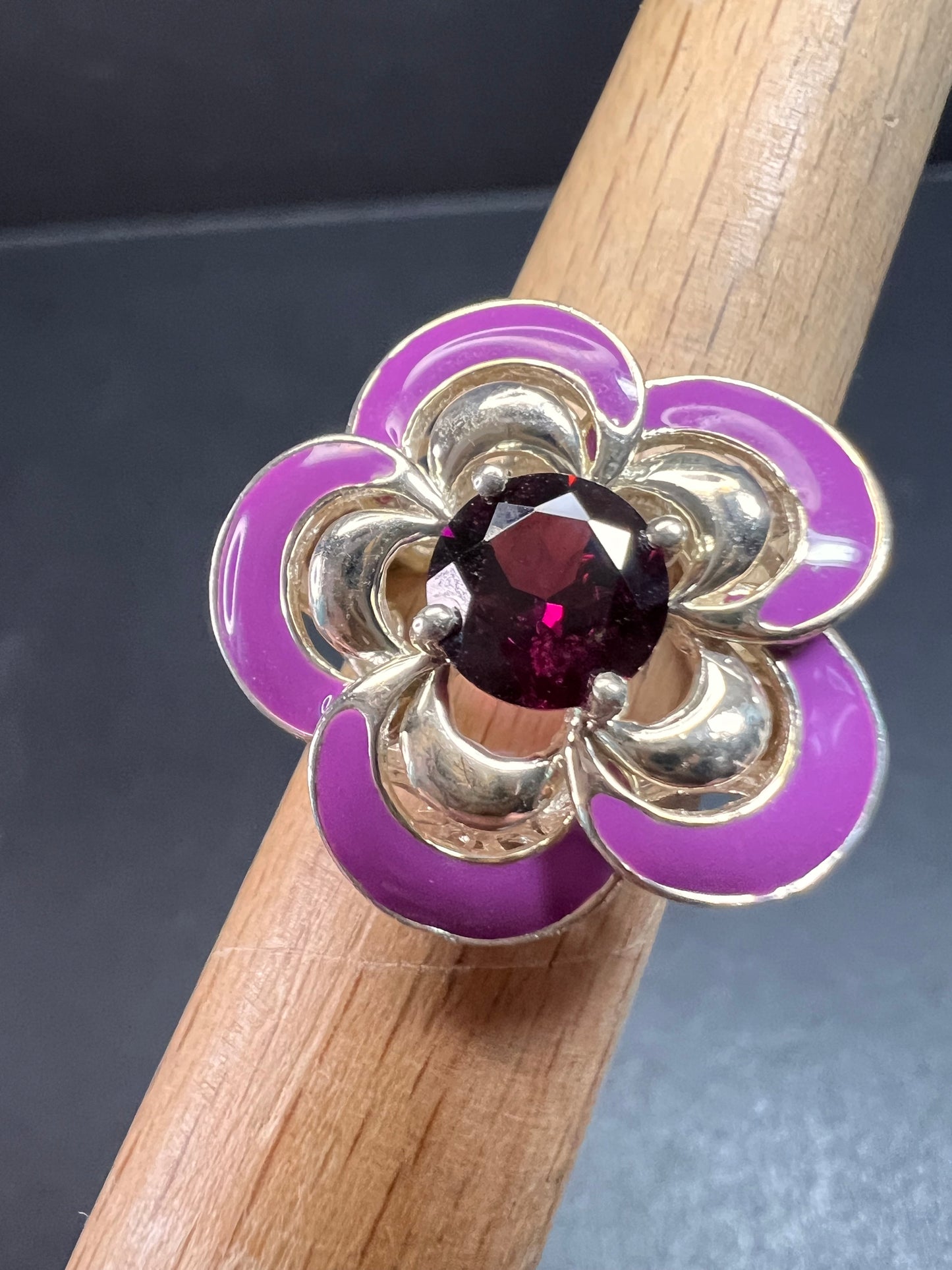 Ross Simons garnet and enamel flower sterling silver ring size 5