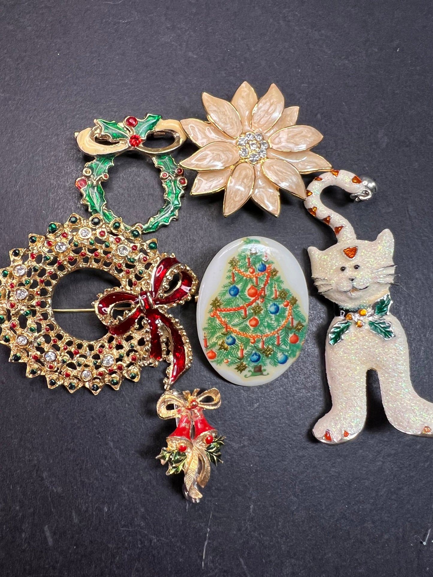 Vintage Christmas Brooch Lot of 6 Holiday Wreath Cat Tree Enamel Pins
