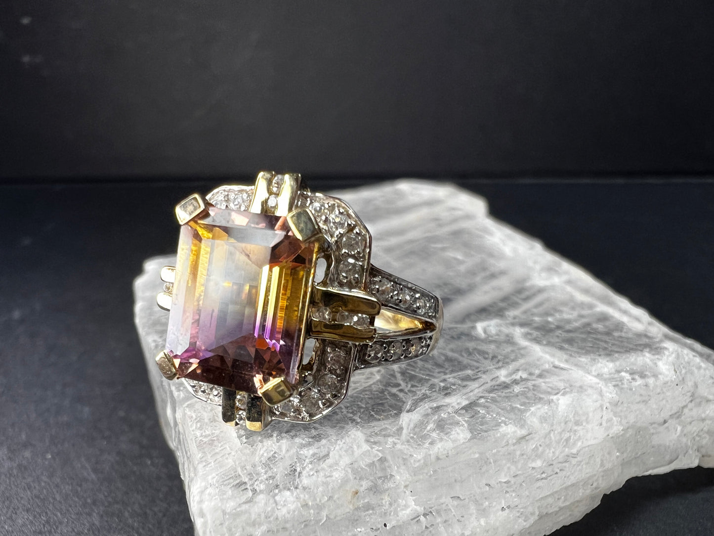 Vintage Ametrine Emerald Cut Ring Gold Over Sterling White Zircon Size 7