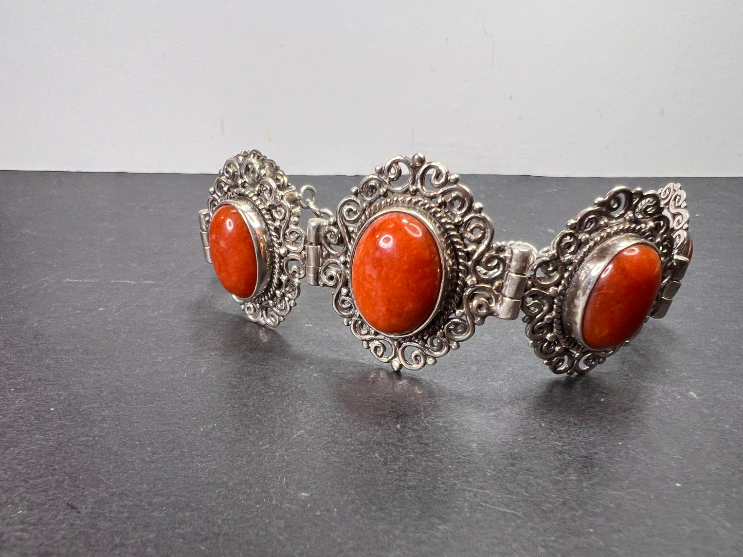 Red orange jade ornate sterling silver toggle bracelet