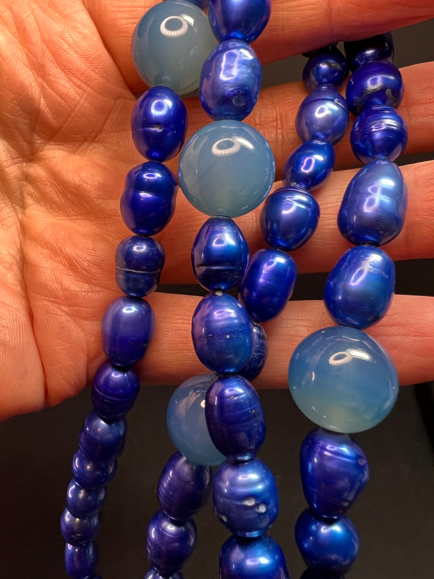 NEW blue freshwater pearls and agate 32 inch necklace with sterling silver clasp