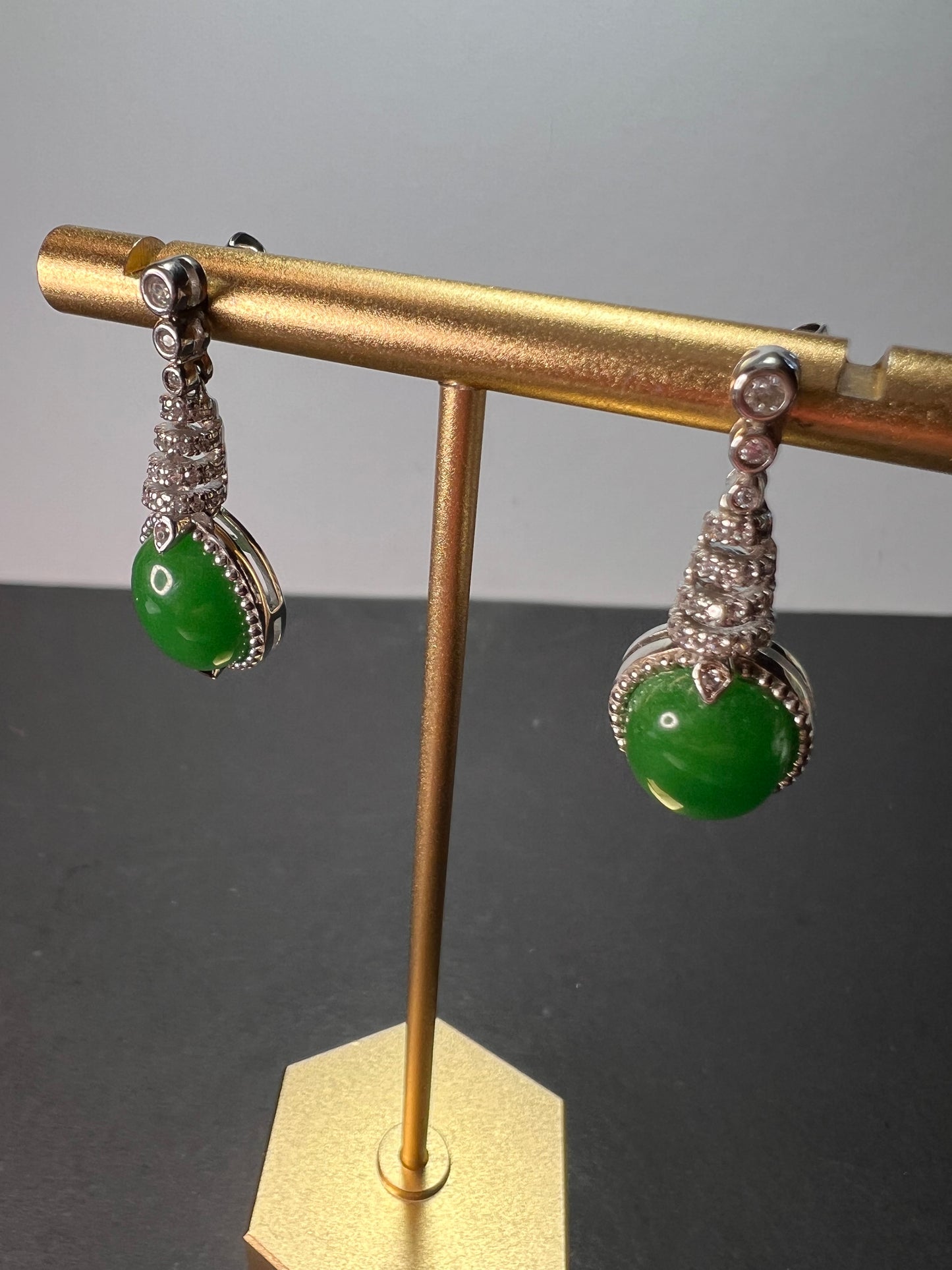 Green jade spiral drop sterling earrings