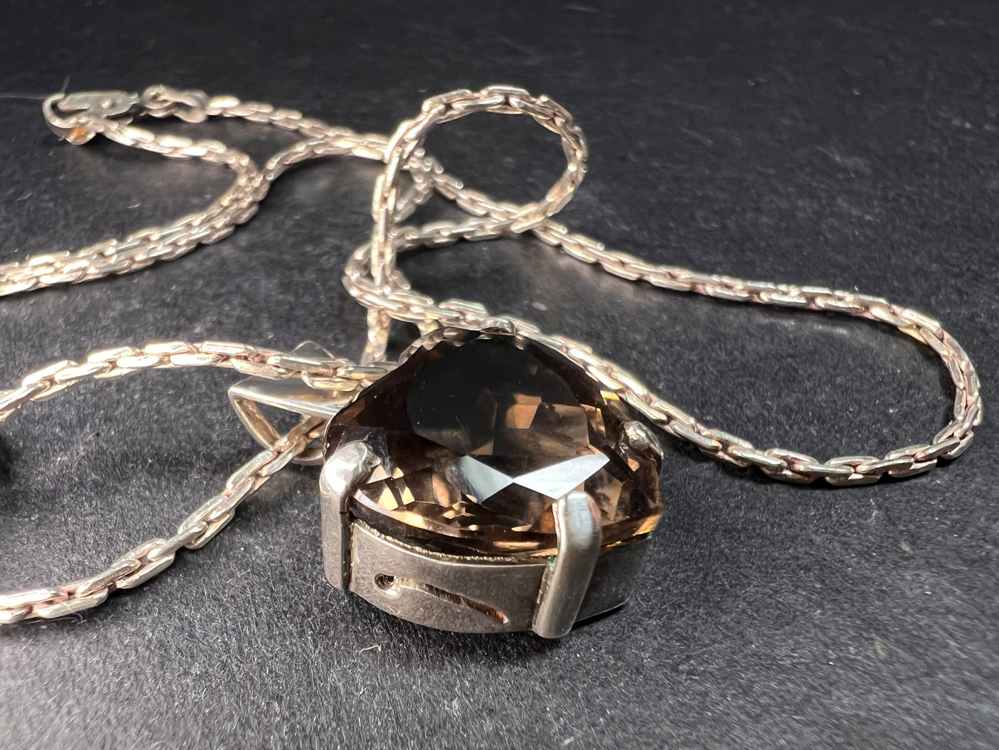 Vintage Smoky Quartz Heart Pendant Necklace Sterling Silver 20”