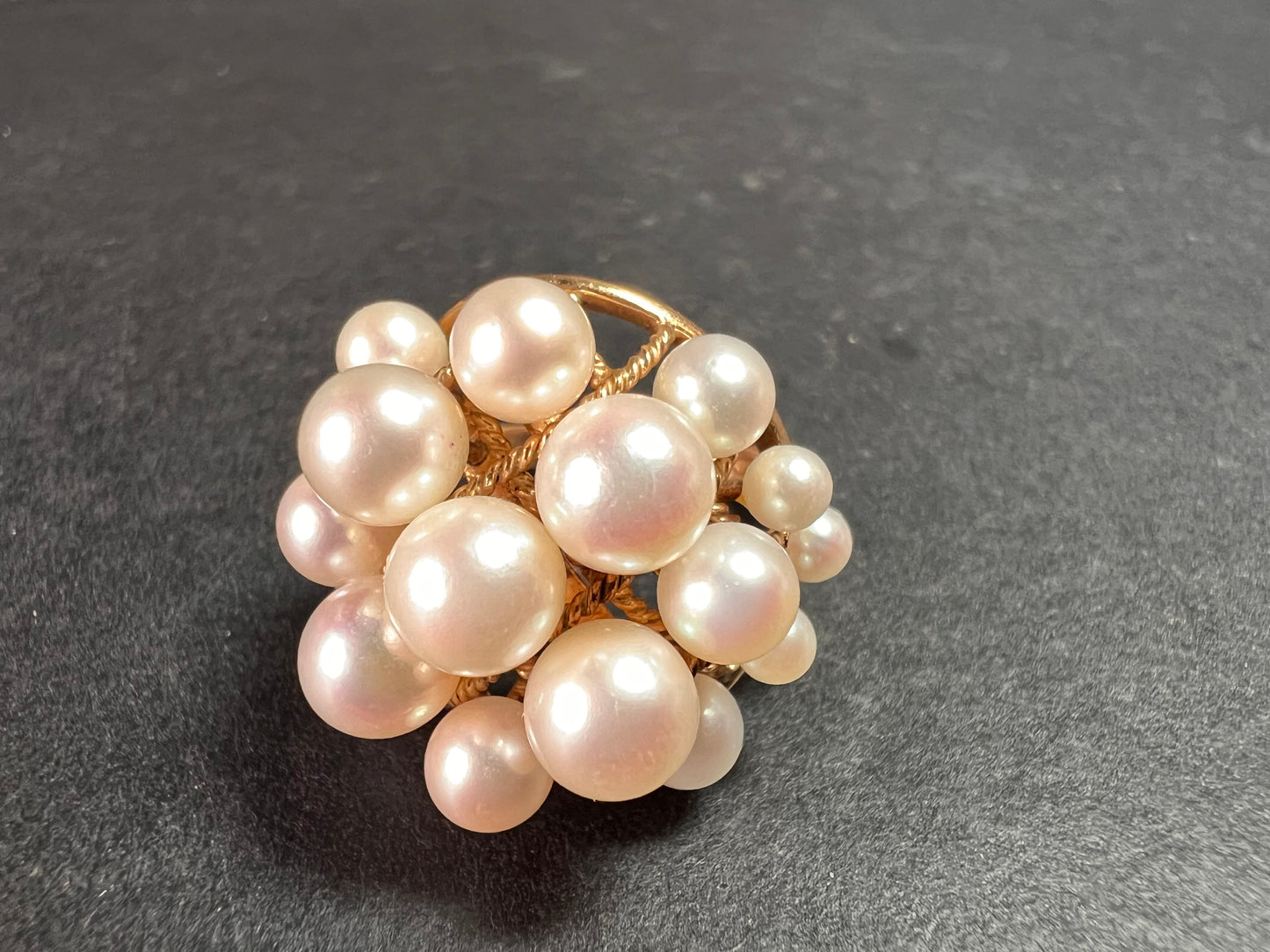 Vintage 14K Gold Cluster Pearl Cocktail Ring – Mid Century Dome Design- size 6