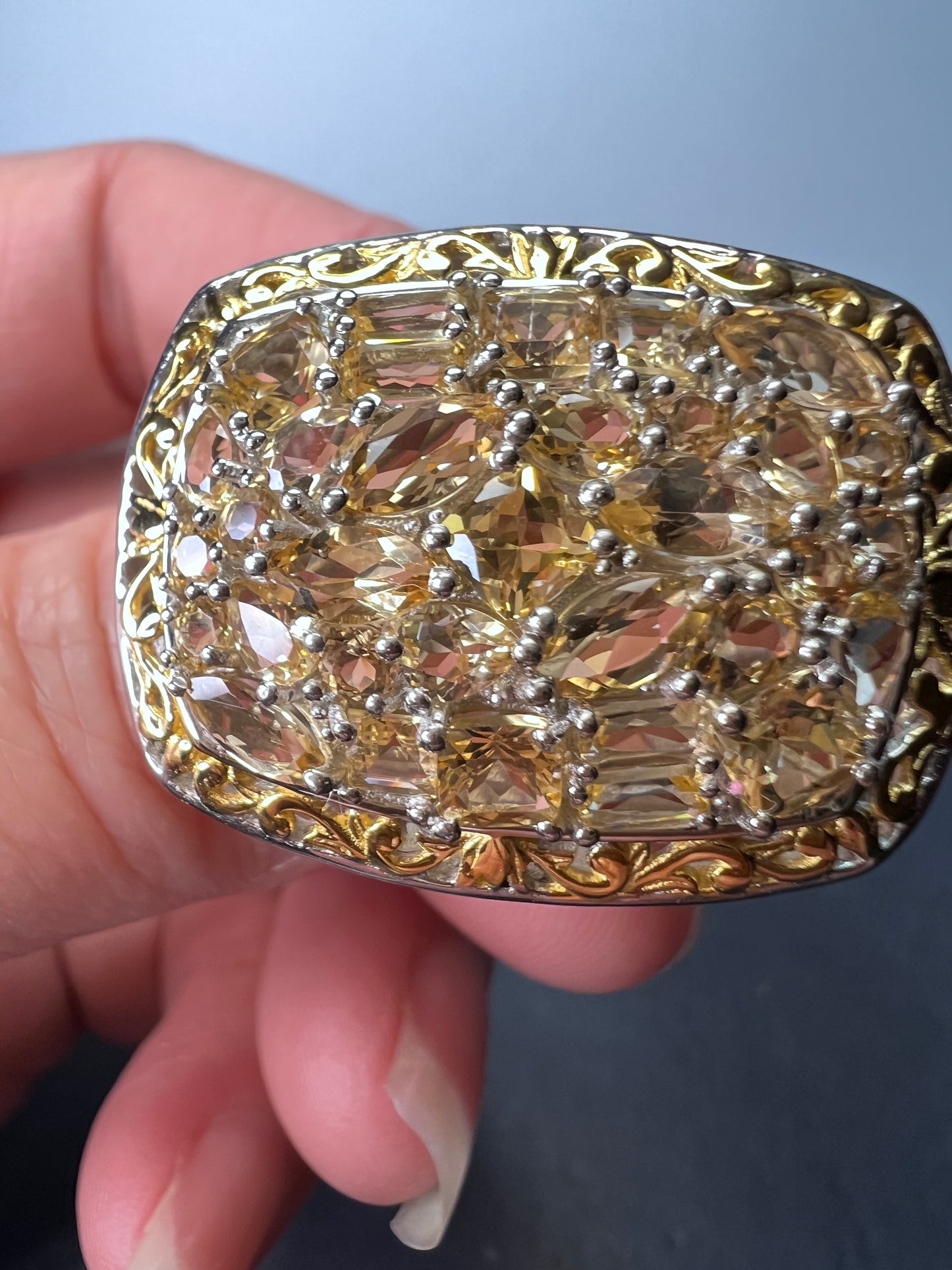 Big huge golden topaz two toned cocktail ring size 9