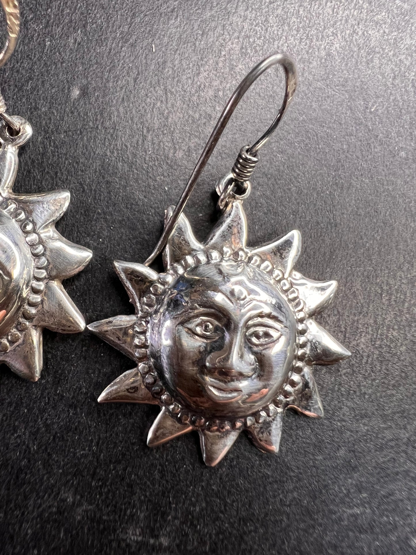 Vintage Sterling Silver Sun Face Dangle Earrings 925