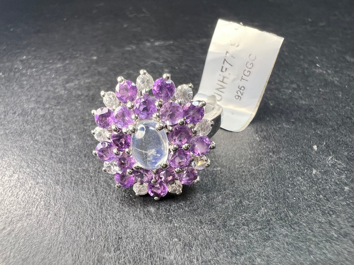 Rainbow Moonstone Amethyst White Topaz Sterling Ring Sz 9