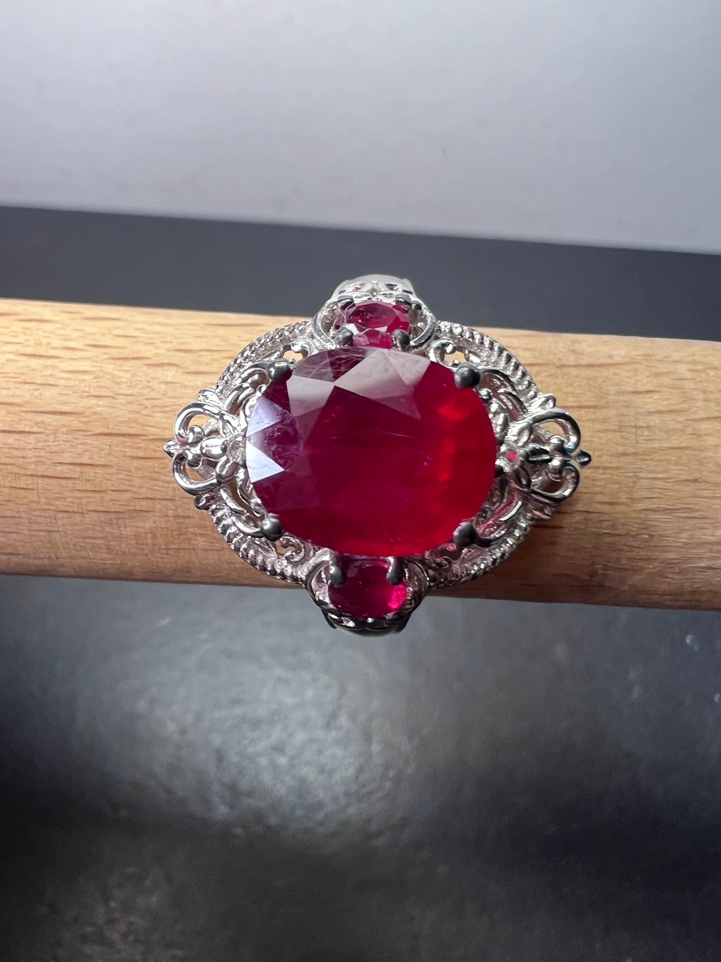 Ruby and white topaz sterling silver cocktail ring size 9