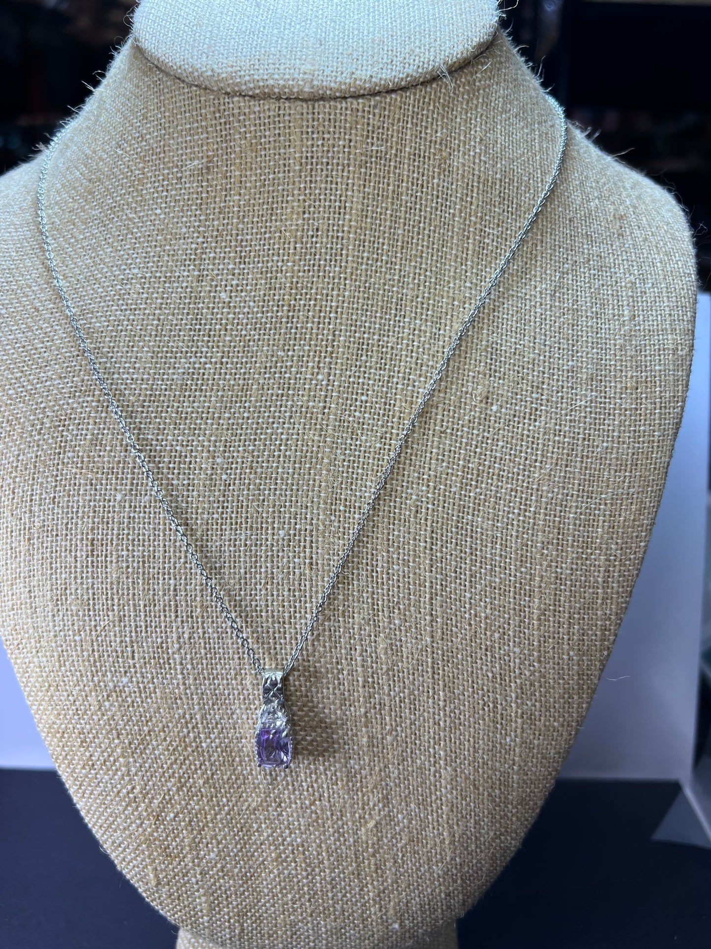 Rose de France amethyst and white topaz sterling silver pendant with stainless steel chain