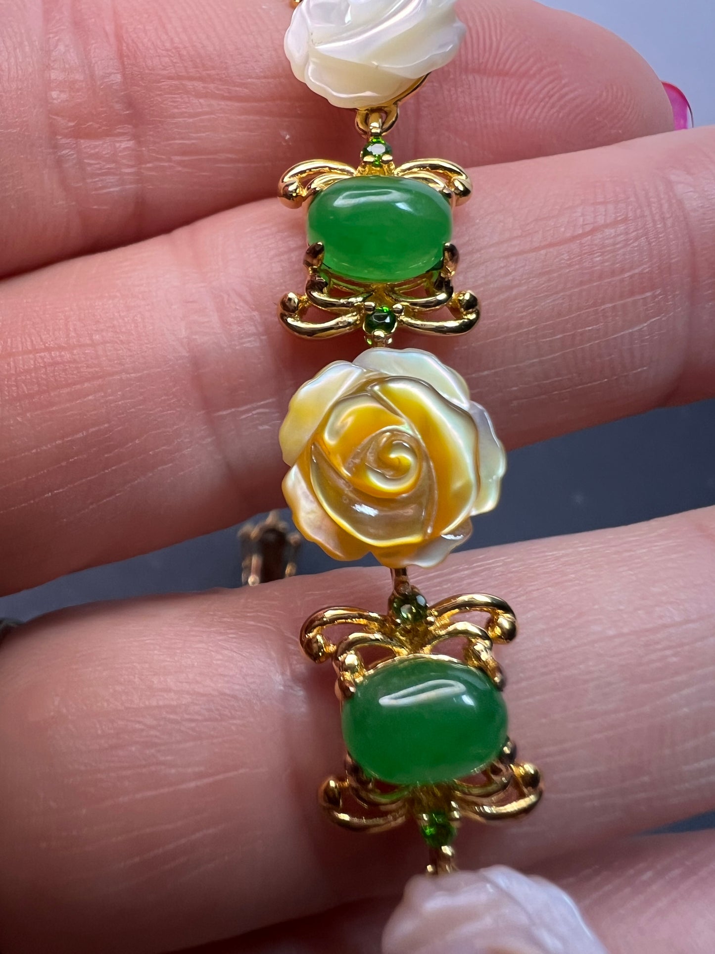 Mother of pearl roses , jade and chrome diopside bracelet in gold over sterling silver 7.5 inches