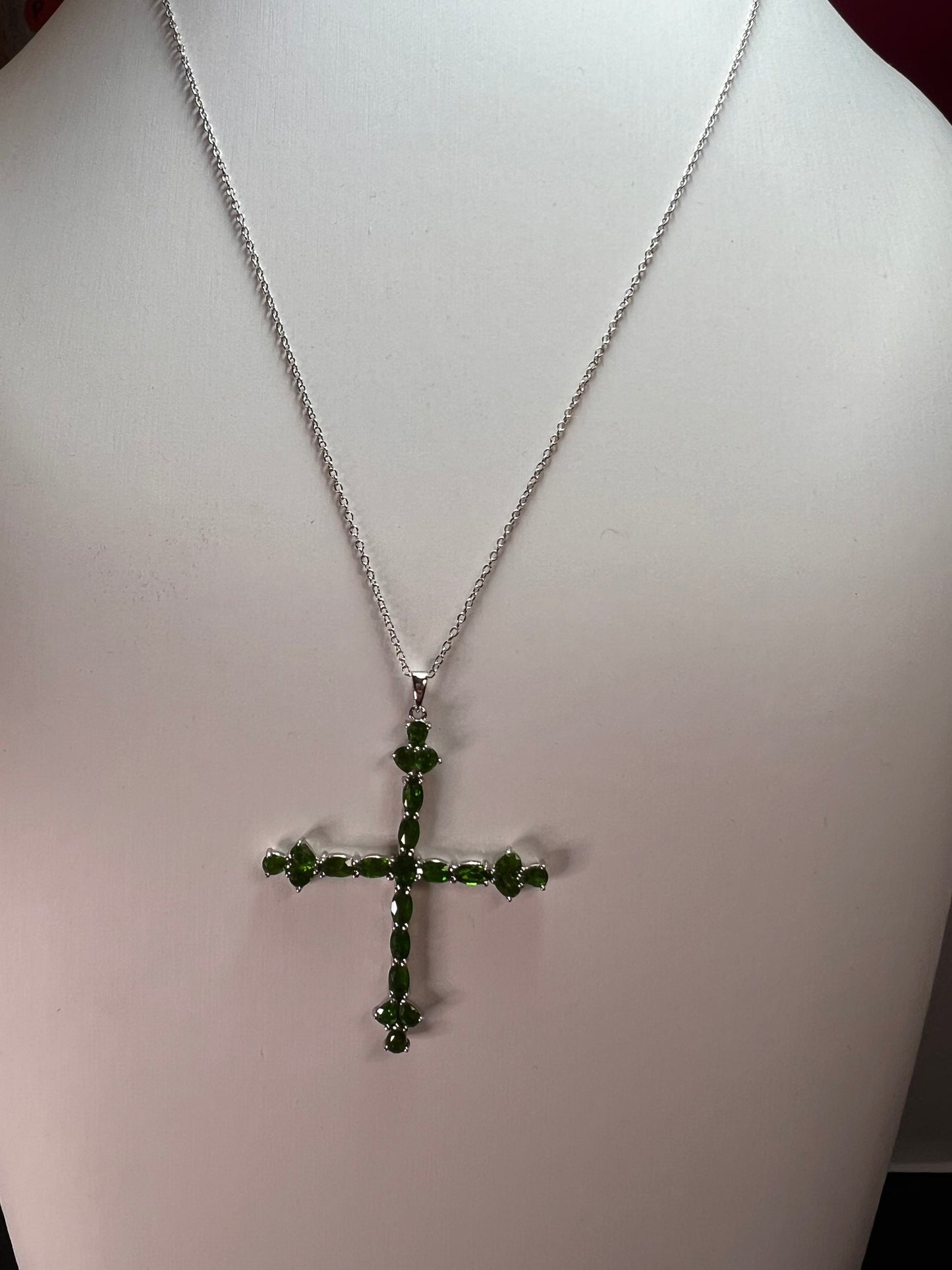 Chrome diopside cross pendant and chain in sterling silver