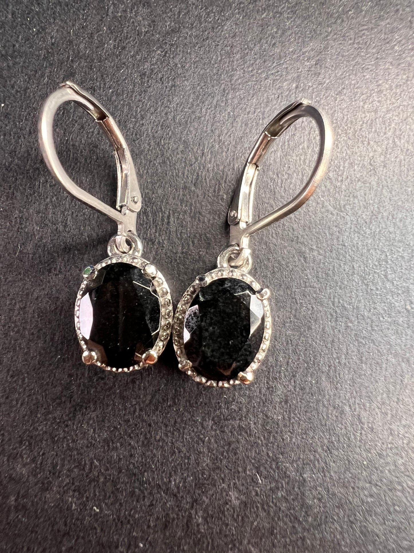 NEW black tourmaline lever back stainless steel earrings