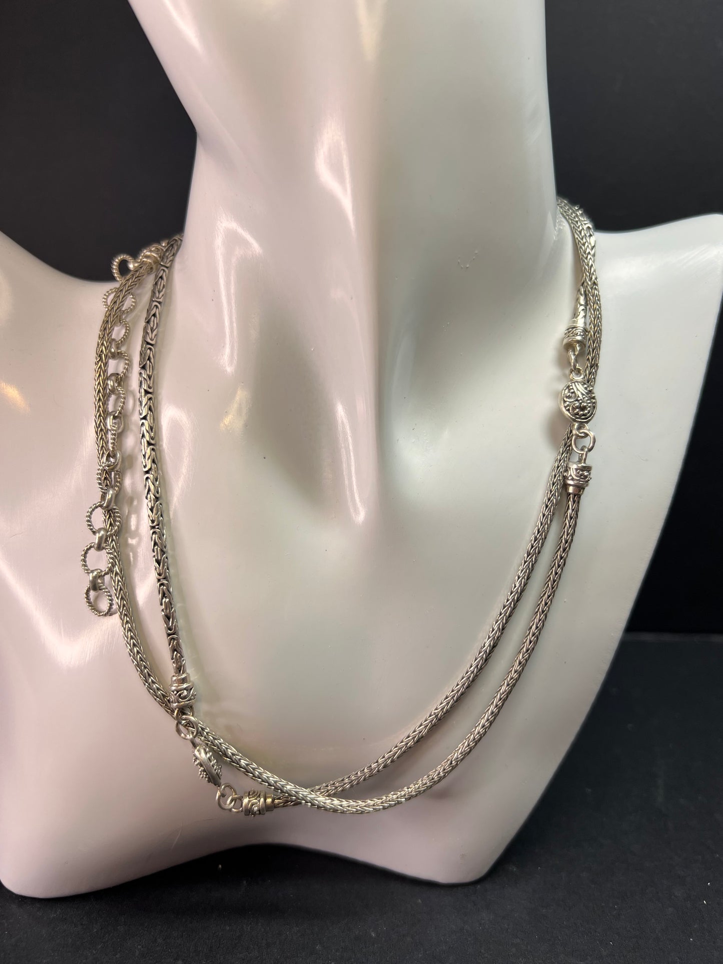 Sarda Sterling Silver 36” Balinese Foxtail Station Necklace – Handcrafted 925 Artisan Chain