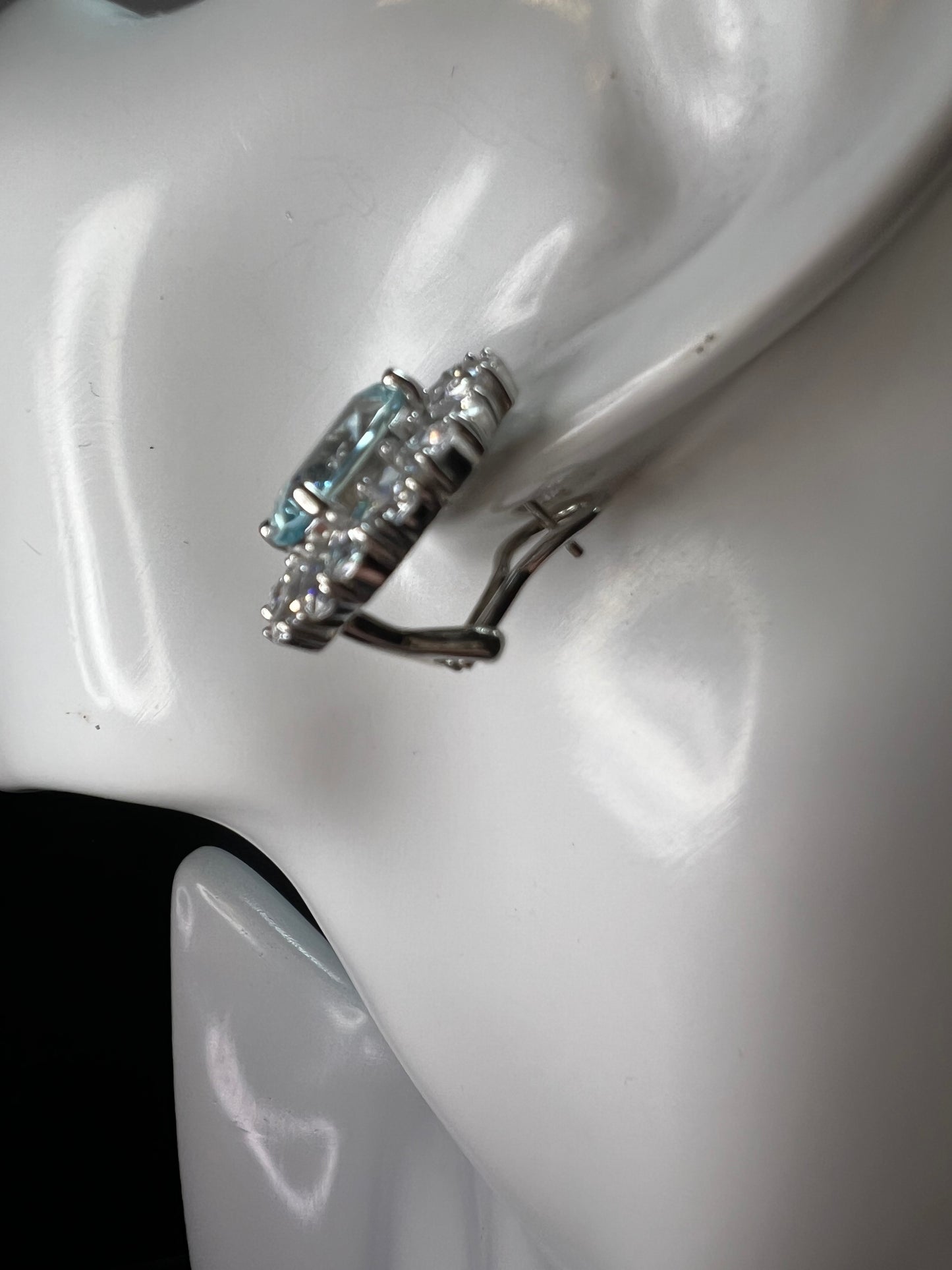 Sterling Silver Aqua CZ Halo Omega Back Earrings New w Tags