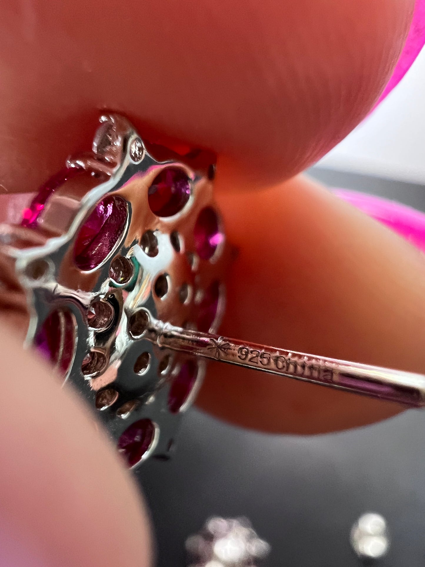 Lab pink sapphire and zircon flower sterling silver earrings