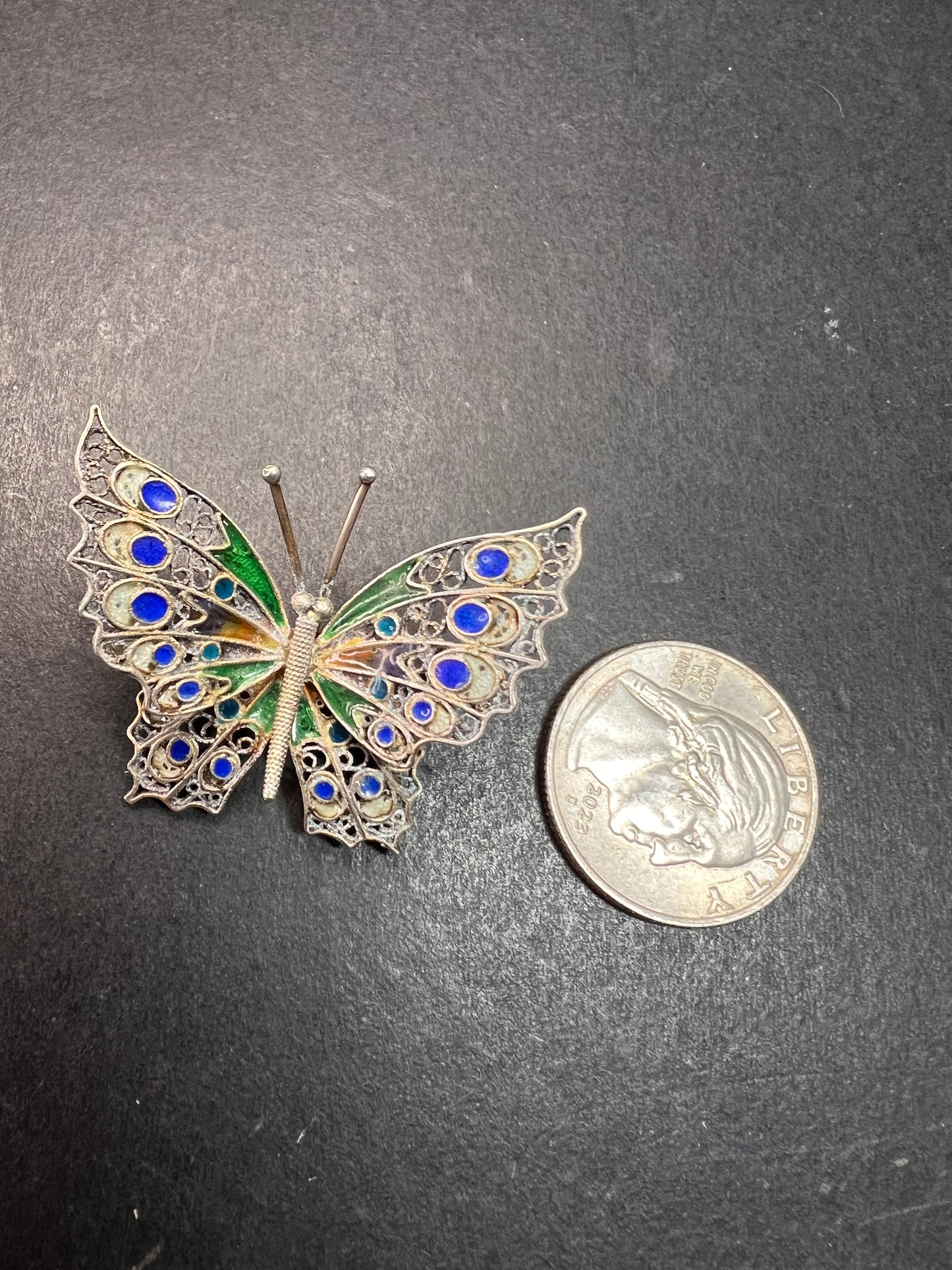 Vintage Alieti Adriana 800 silver Italian enameled filigree butterfly brooch pin