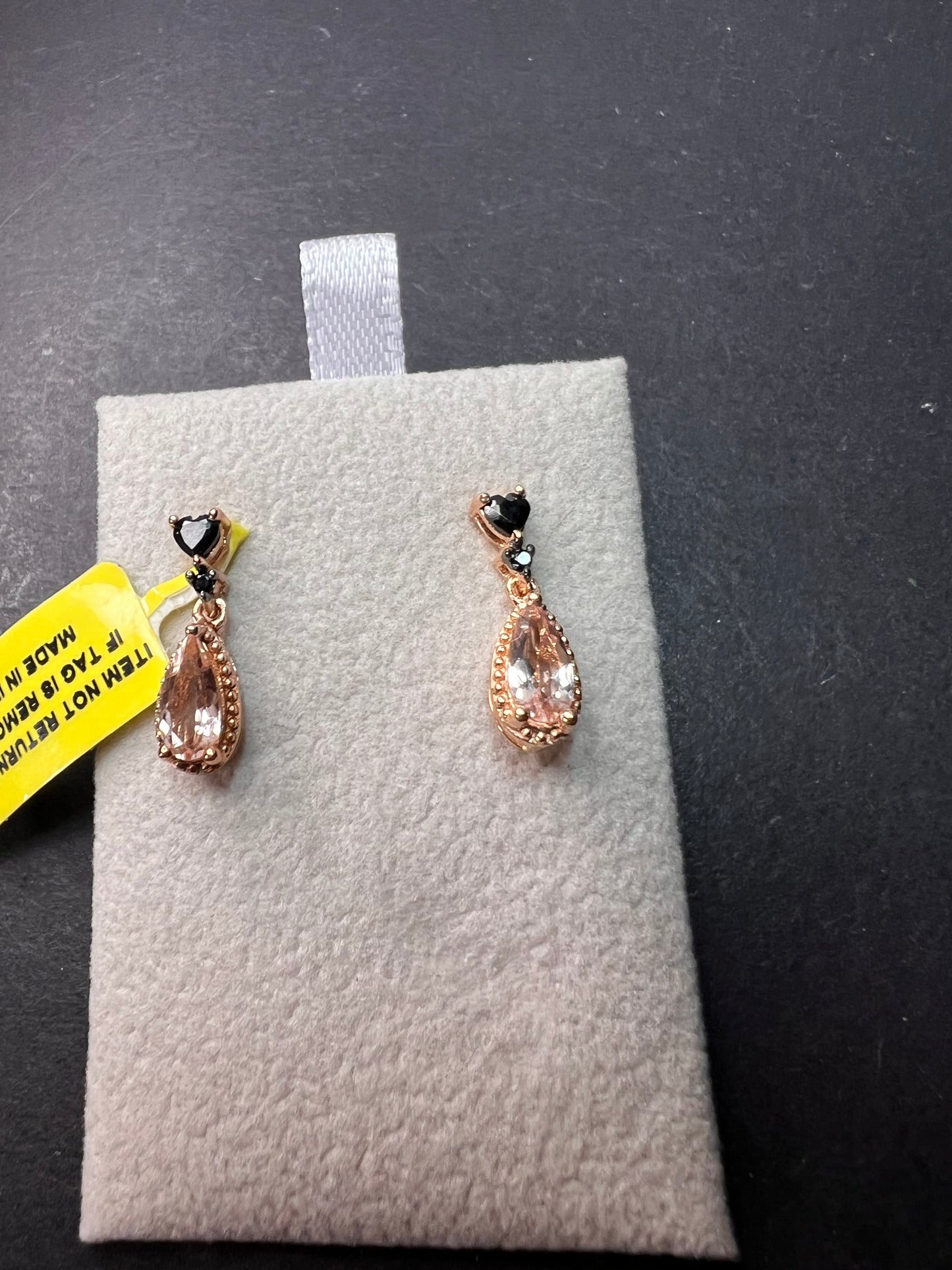 Peach morganite and black spinel heart rose gold over sterling silver earrings