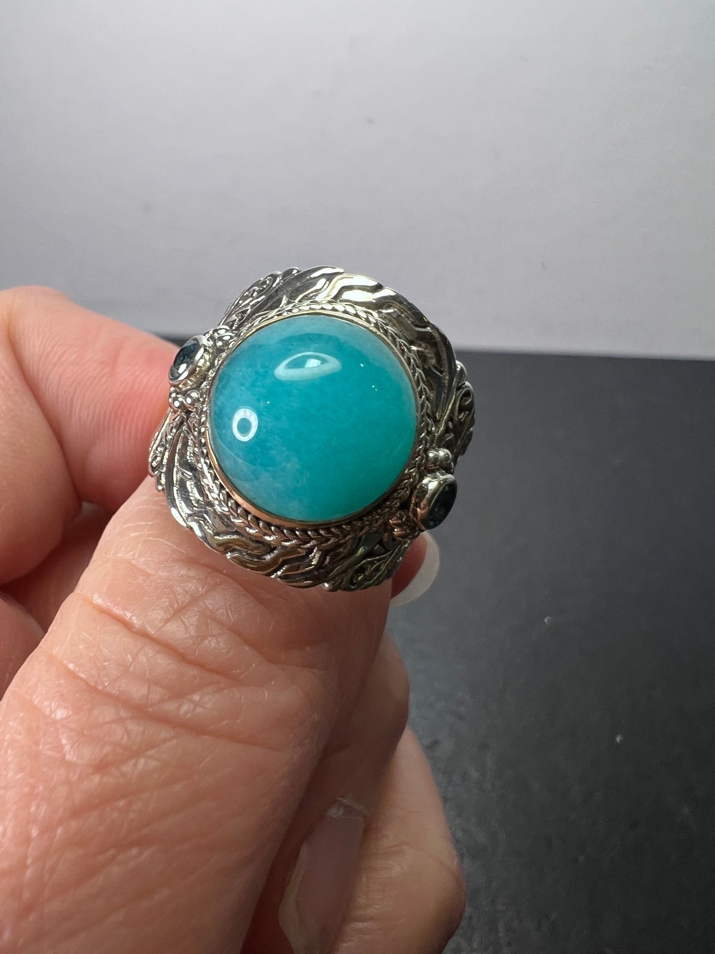 Sarda Peruvian amazonite and London blue topaz sterling silver statement ring size 9