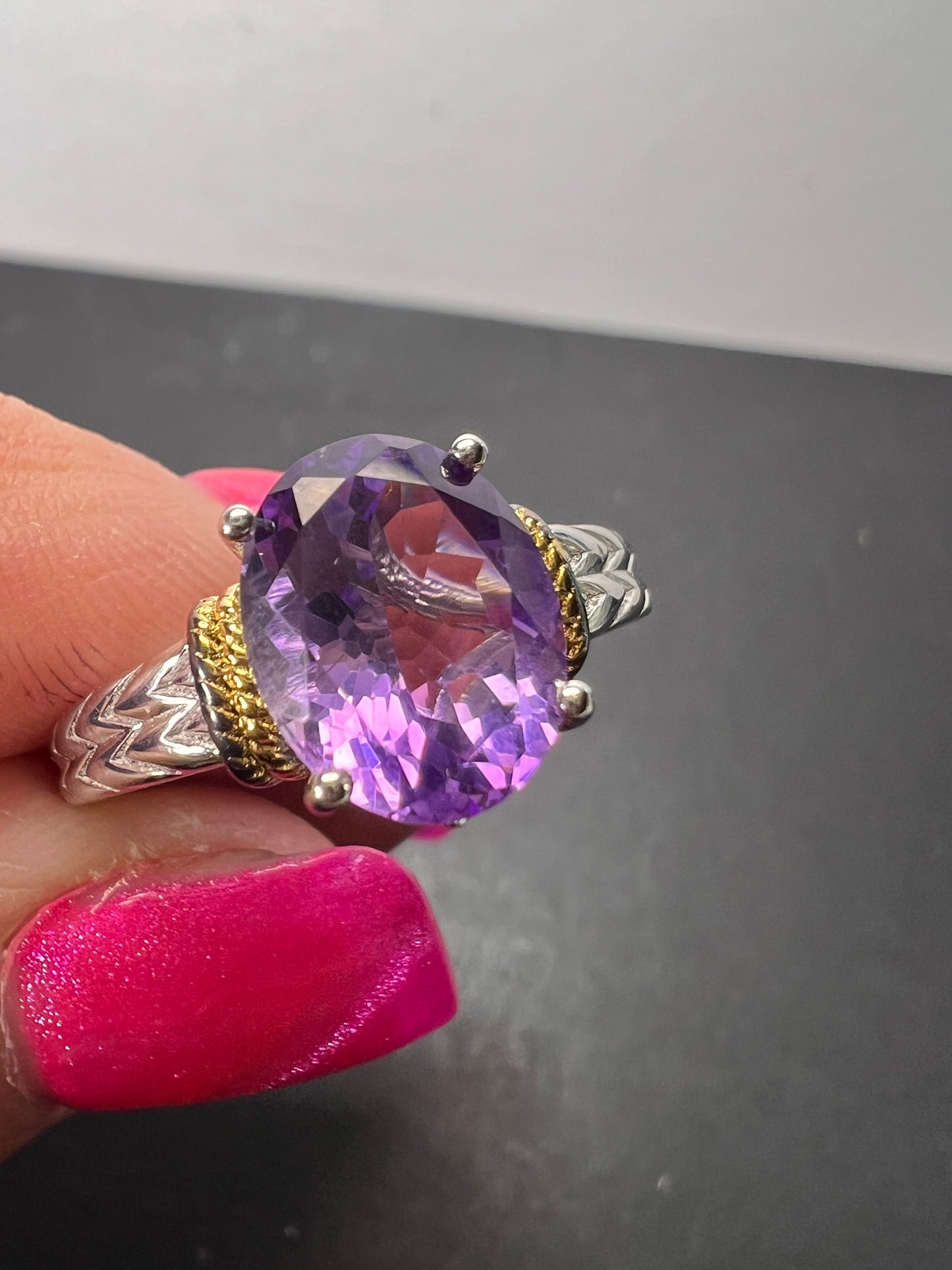 Amethyst solitaire two toned sterling silver ring size 9