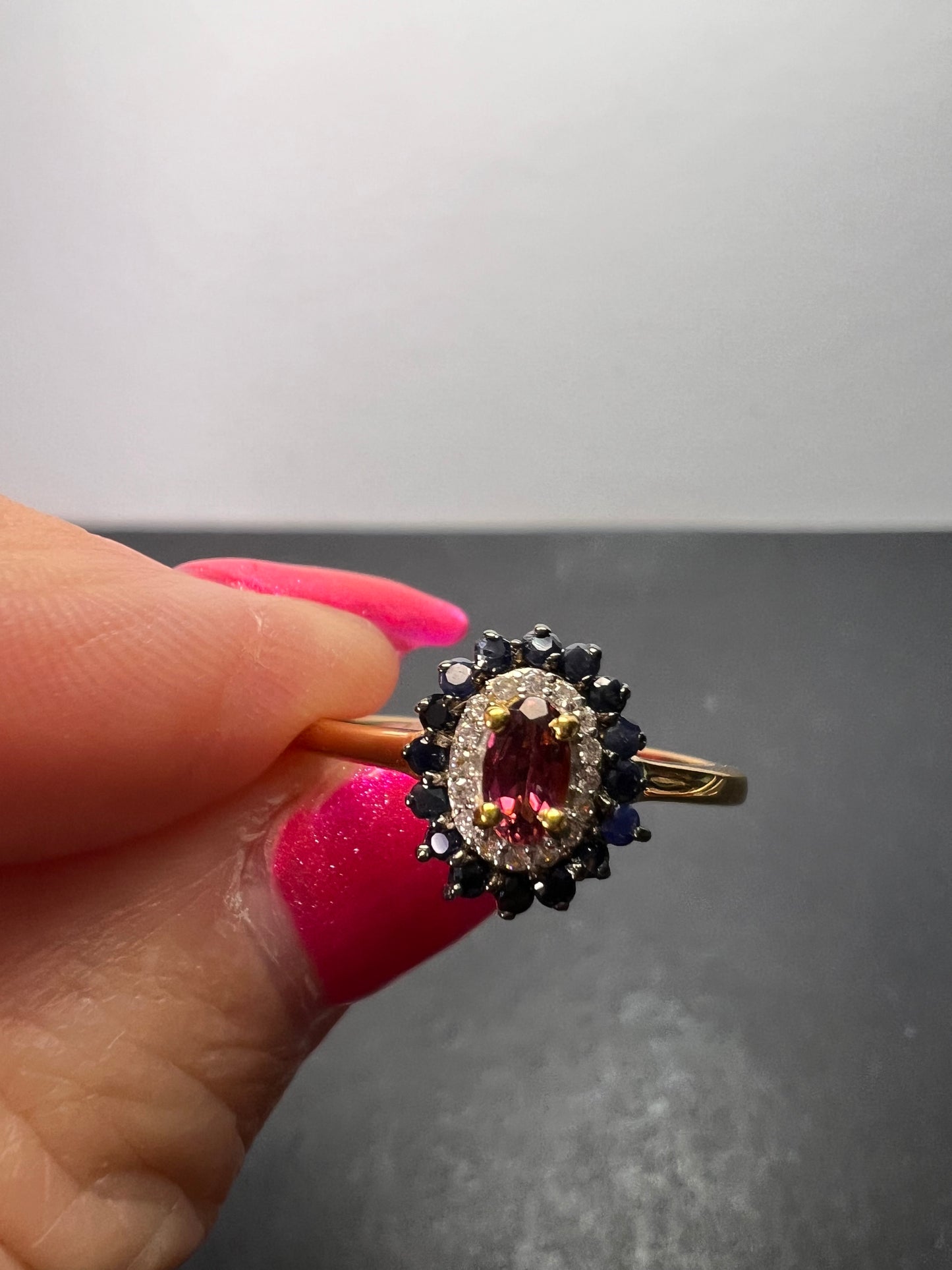 Ofiki rubellite and blue sapphire double halo ring in vermeil yellow gold over sterling silver size 8