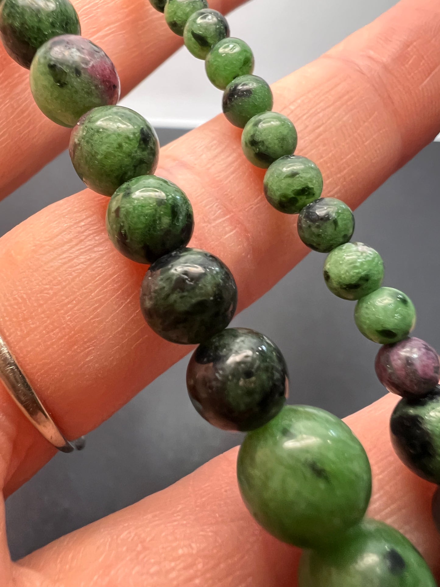 Ruby in zoisite graduated necklace with sterling silver clasp