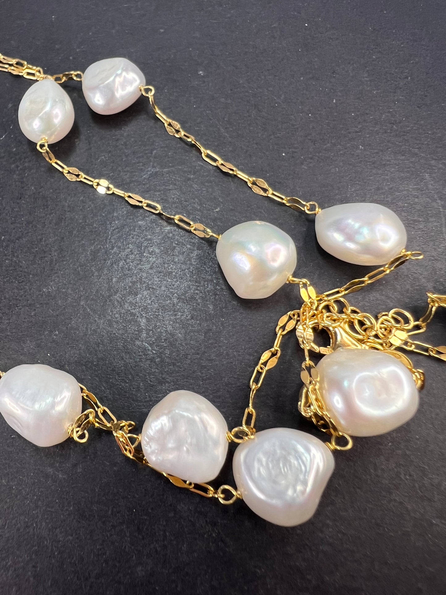 10.5-11mm white cultured freshwater pearl double strand station necklace in 18k yellow gold over sterling silver