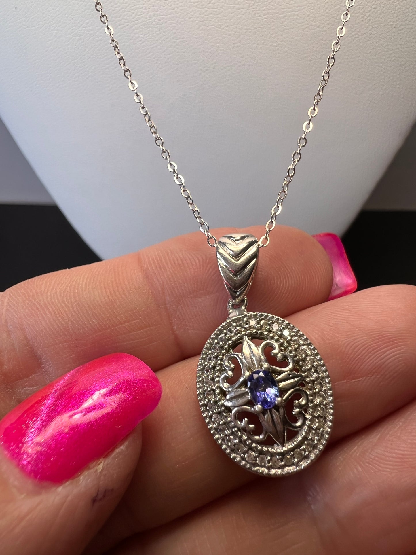 Tanzanite and zircon sterling silver pendant and chain necklace