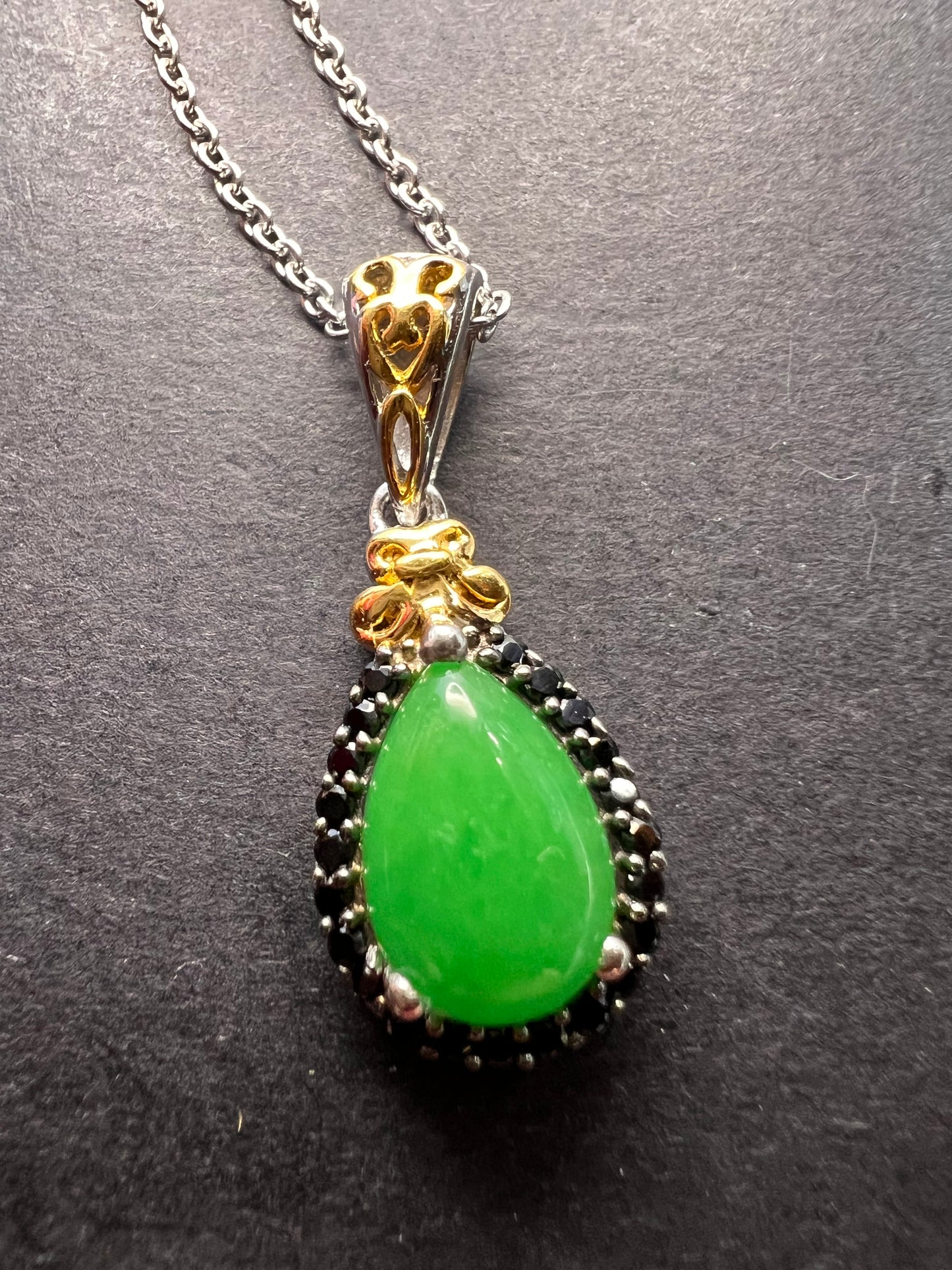 Green Jade and black spinel teardrop two toned sterling silver pendant and chain necklace