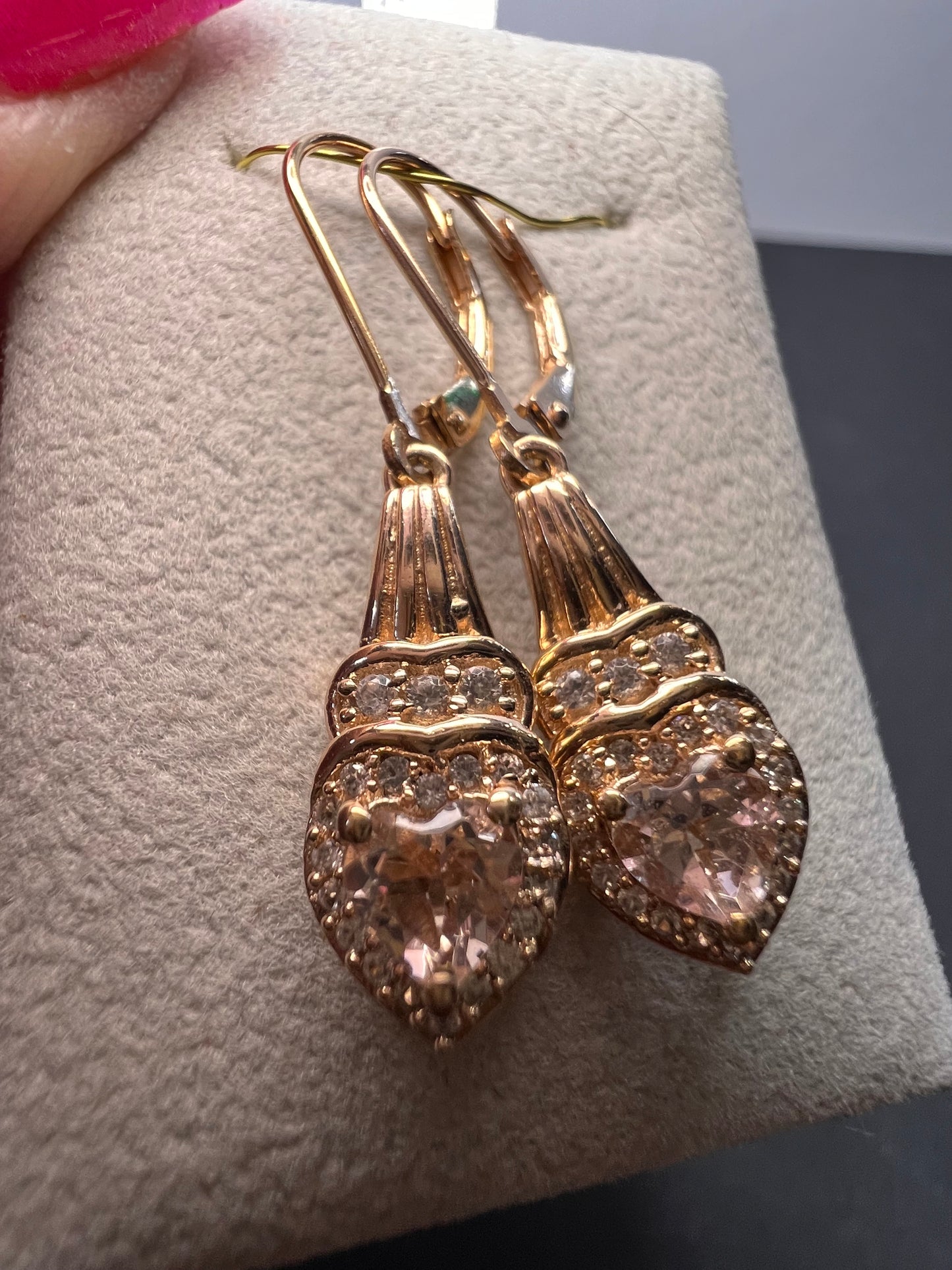 Marropino morganite and Cambodian zircon rose gold over sterling lever back heart drop earrings