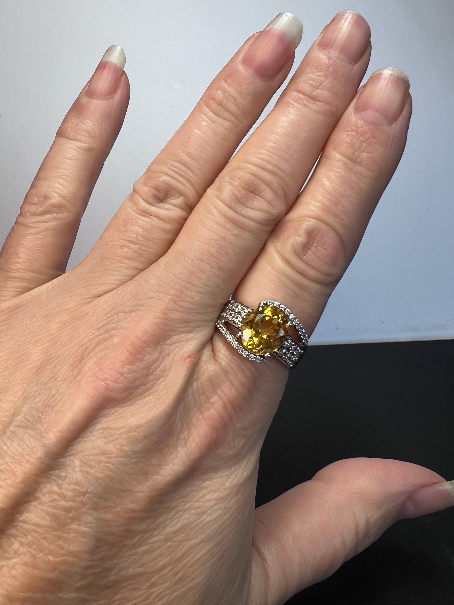 Citrine and white topaz rhodium over sterling silver ring size 9