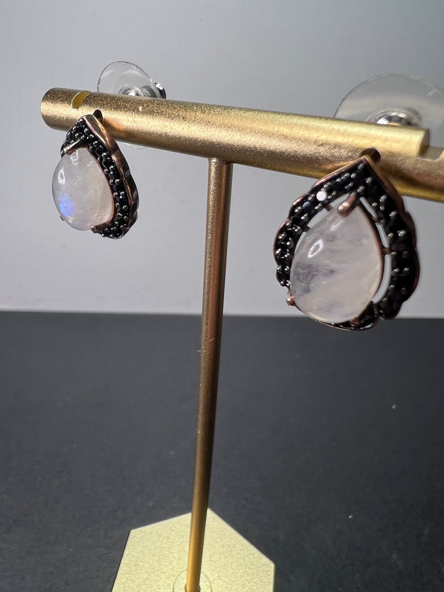 Rainbow moonstone and black spinel tear drop stud halo earrings in rose gold over sterling silver