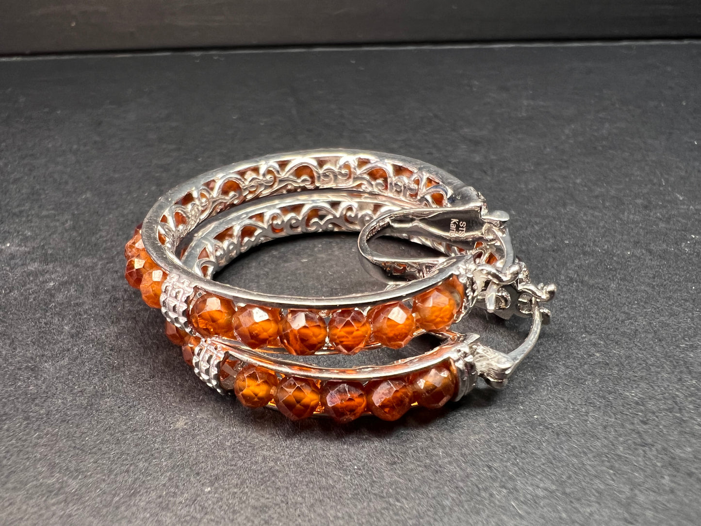 NEW Hessonite garnet hoop earrings in platinum over brass