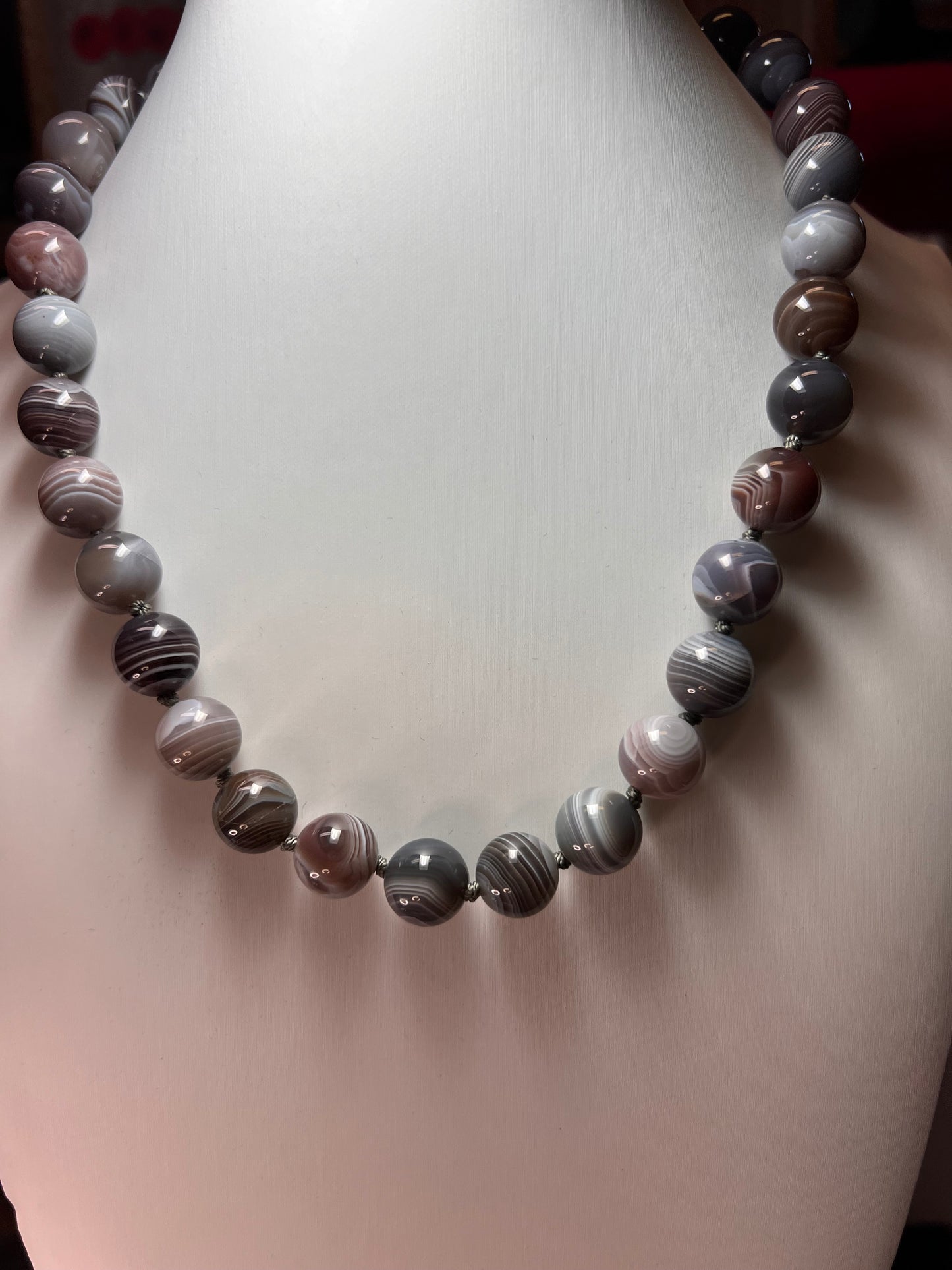 Botswana agate knotted necklace with sterling silver clasp