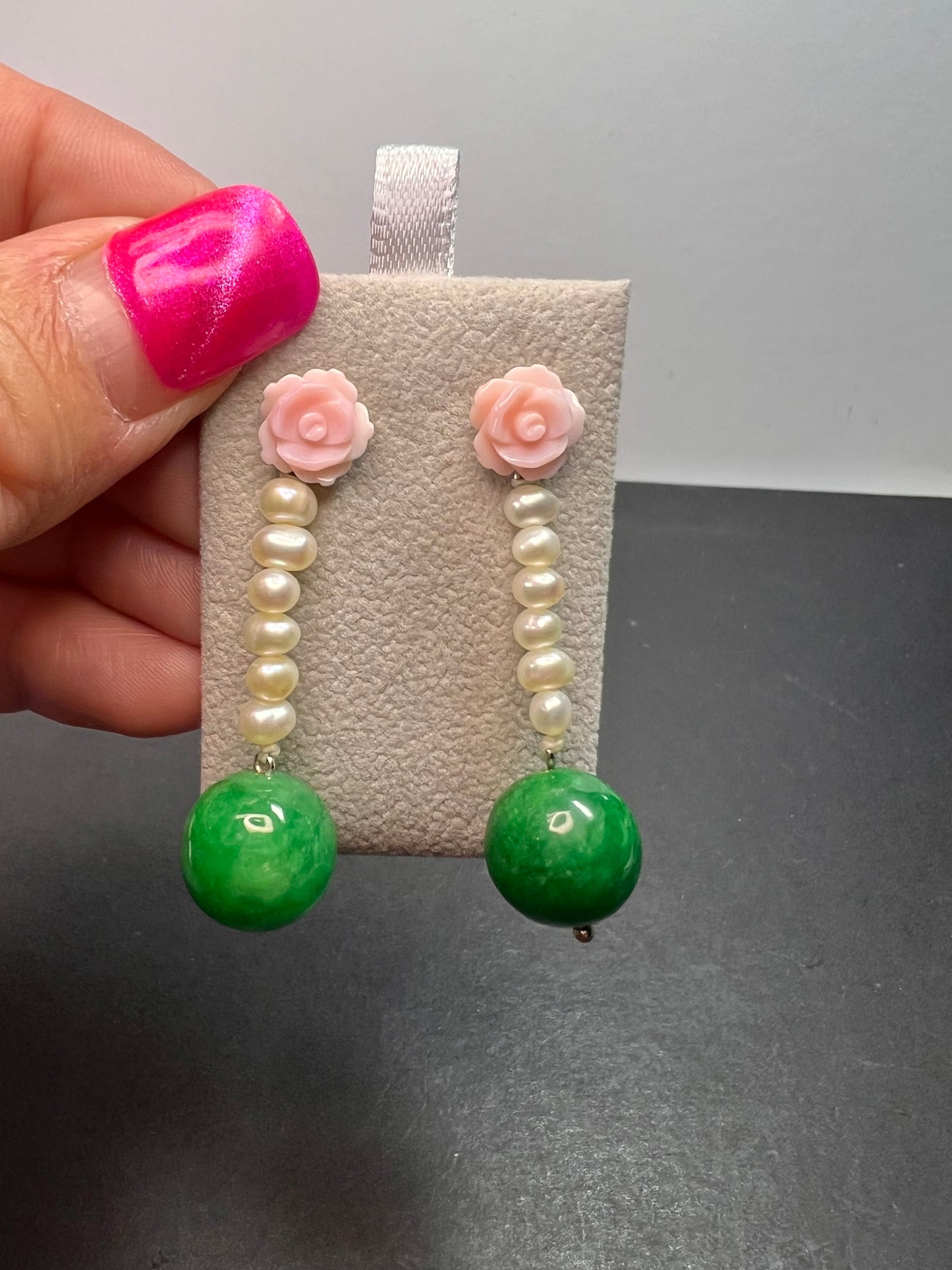 Green Jade , pink flowers and freshwater pearl earrings in rhodium over sterling silver