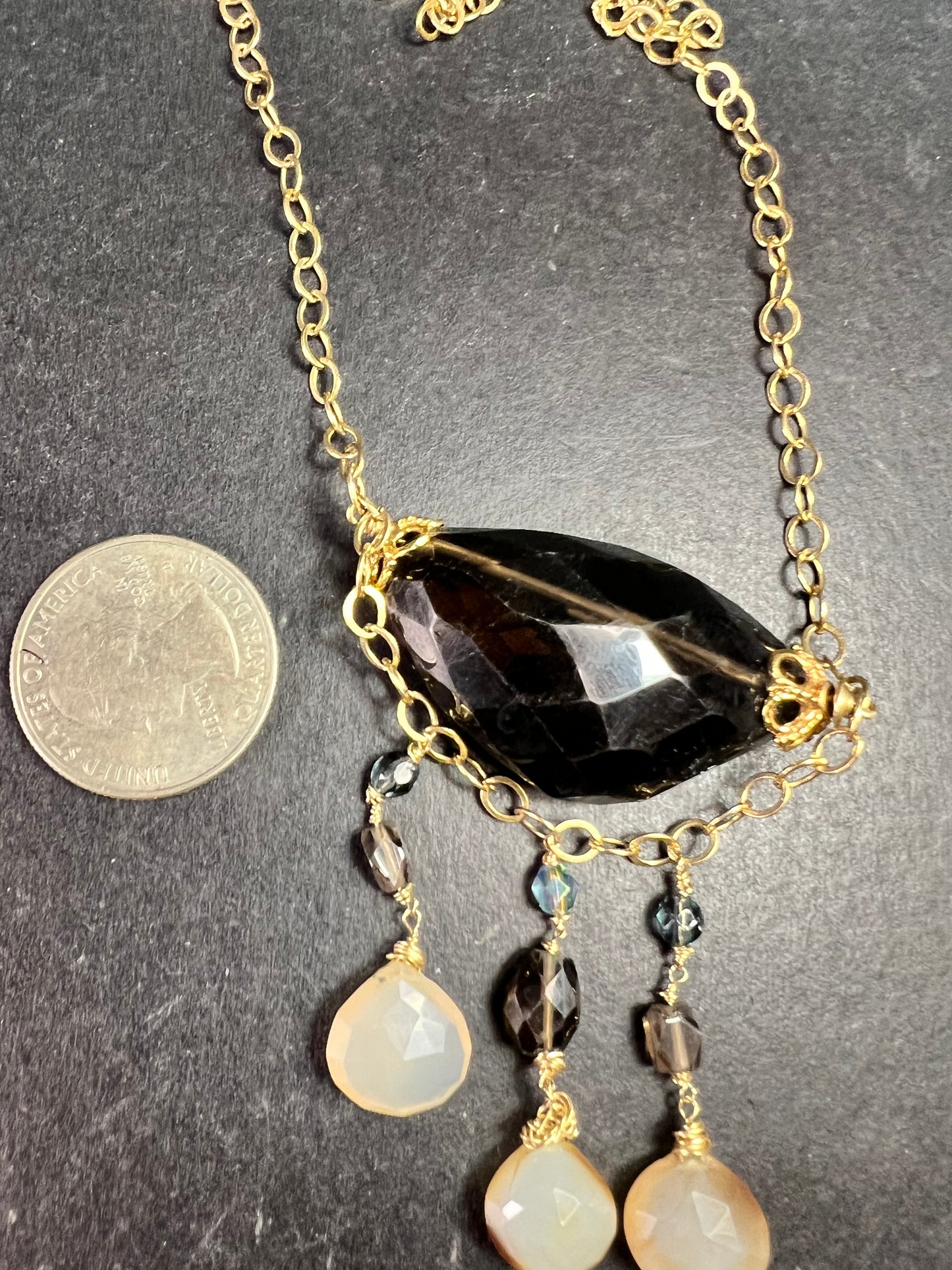 Gold Filled Smoky Quartz & Faceted Agate Drop Necklace 16–18”