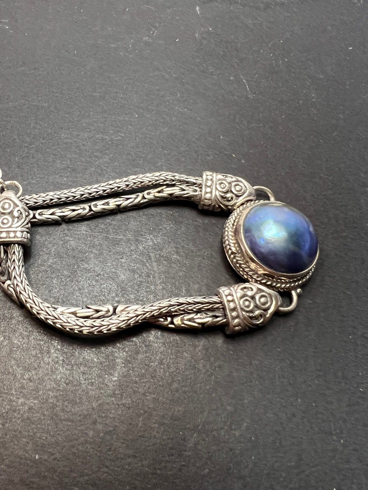 Balinese style Byzantine sterling silver grey blue mabe pearl toggle bracelet