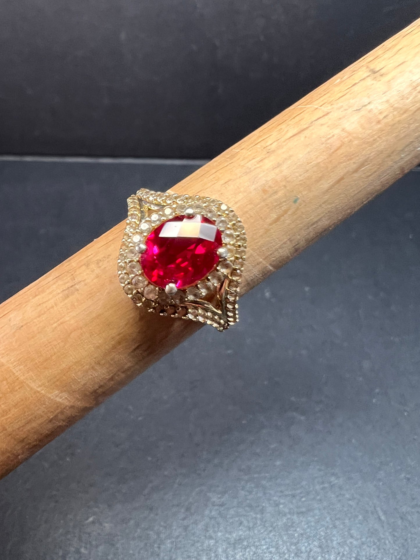 Lab Ruby and topaz halo ring in gold over sterling silver size 7
