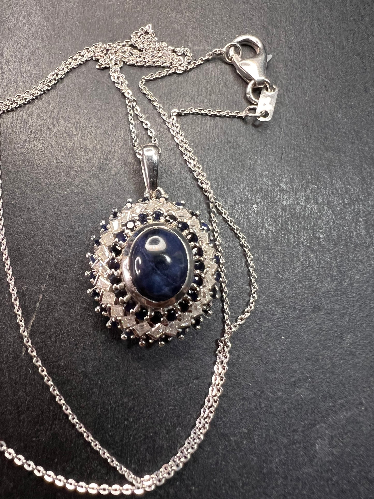 NEW Blue star sapphire and moissanite sterling silver halo pendant necklace