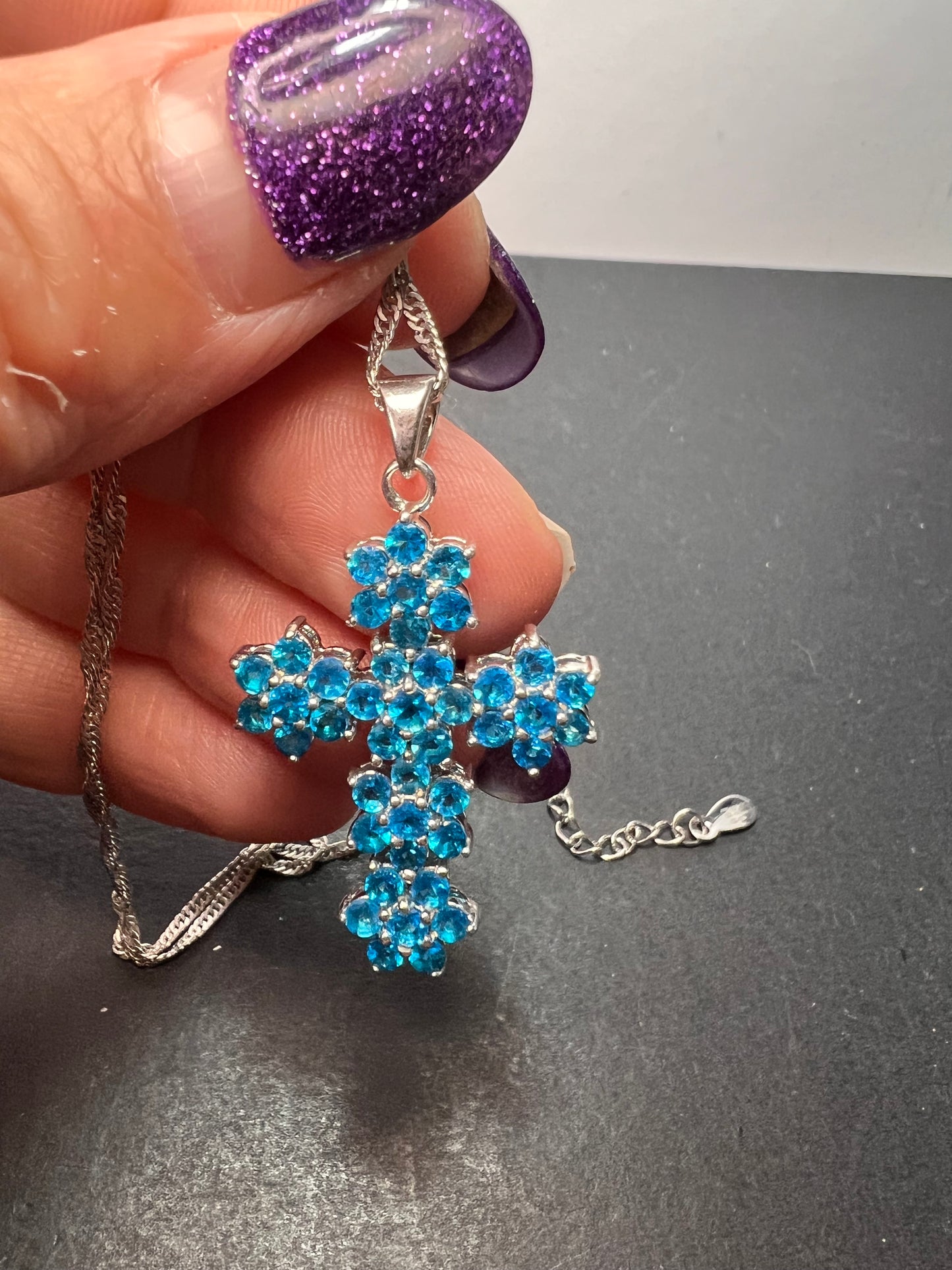 Blue Apatite Rhodium Over Sterling Silver Cross Pendant With Chain 3.25ctw