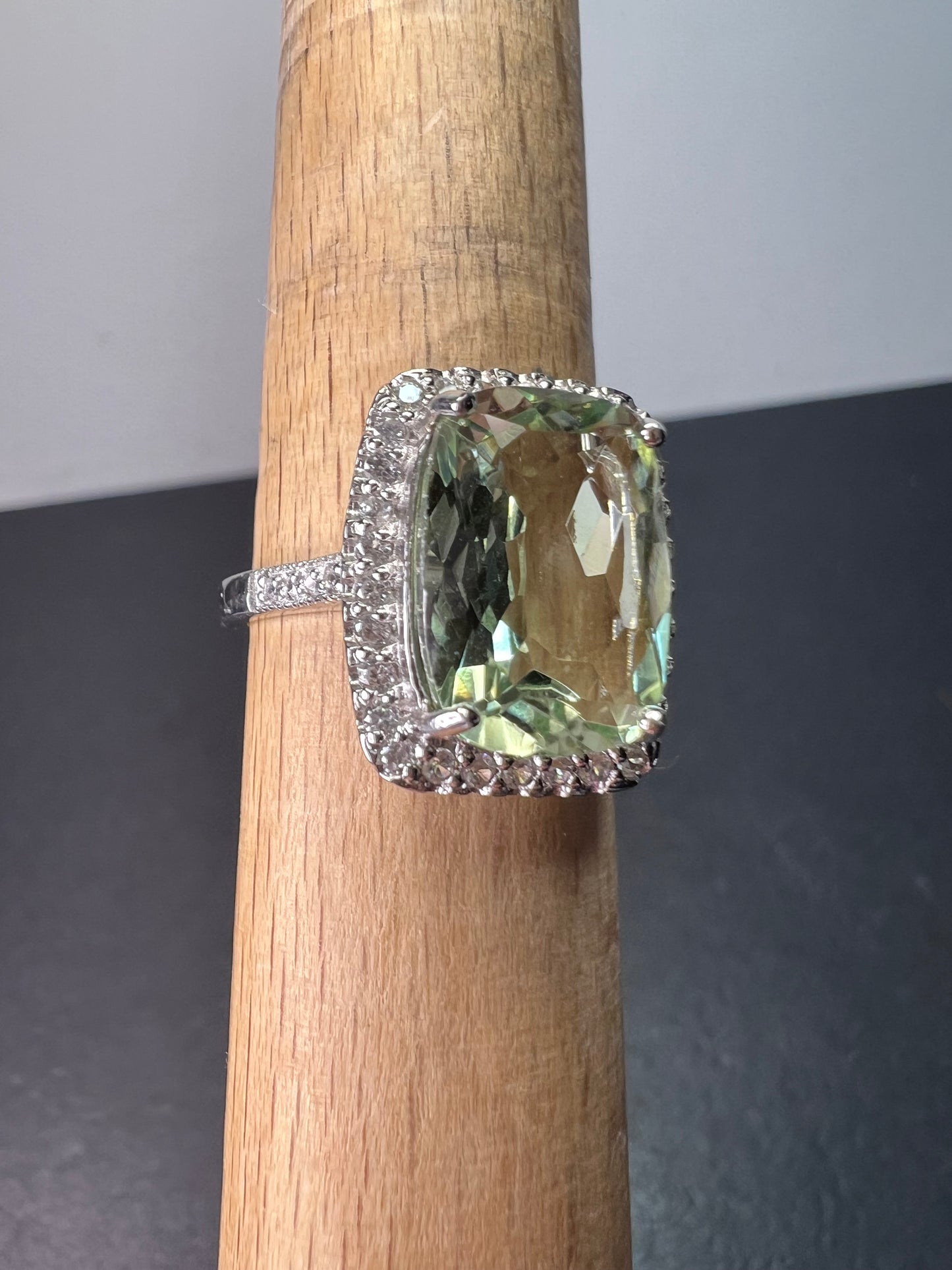 Cushion cut Prasiolite cocktail halo ring size 9