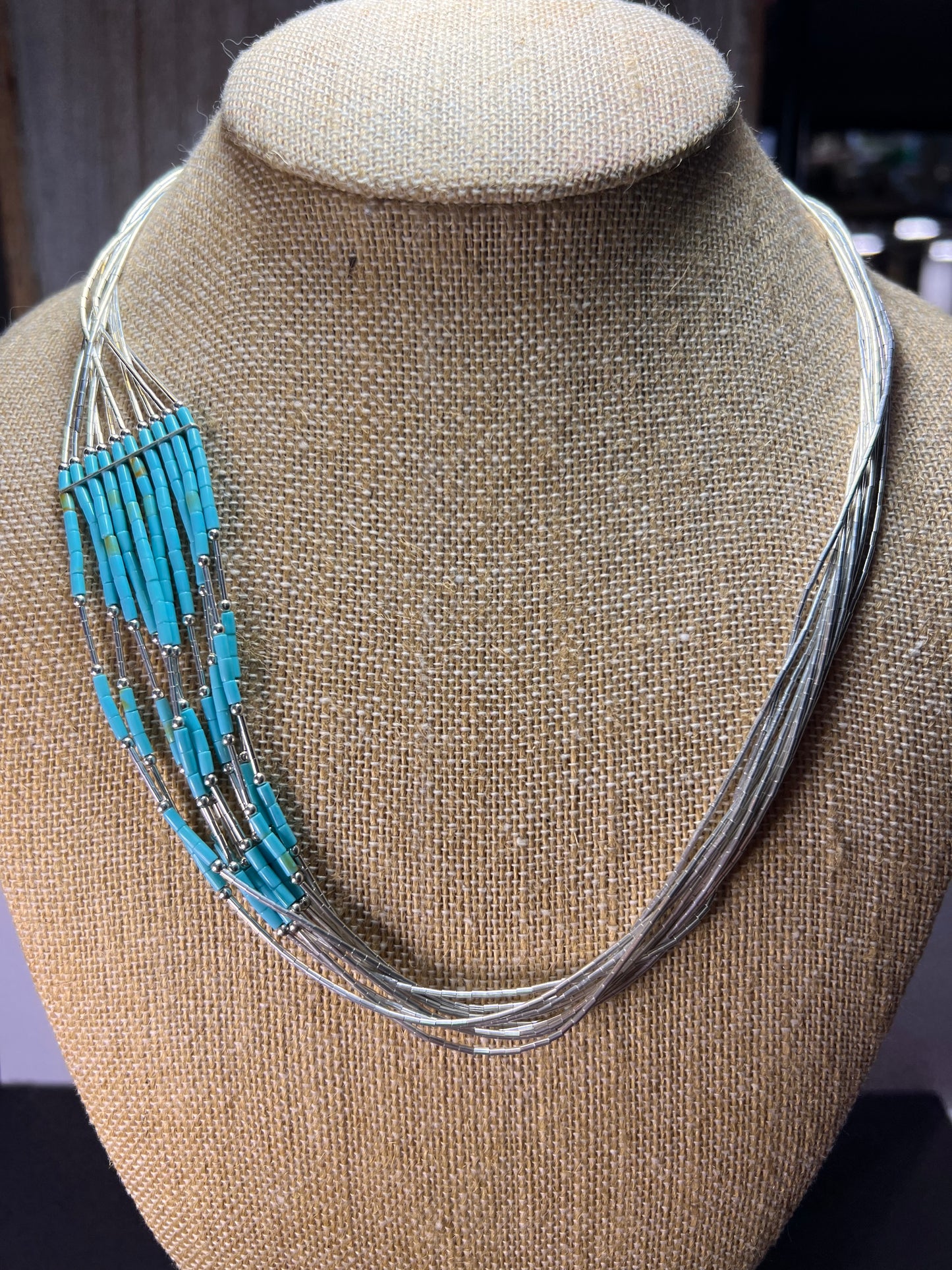 Southwest style liquid silver heishi turquoise 10 strand necklace