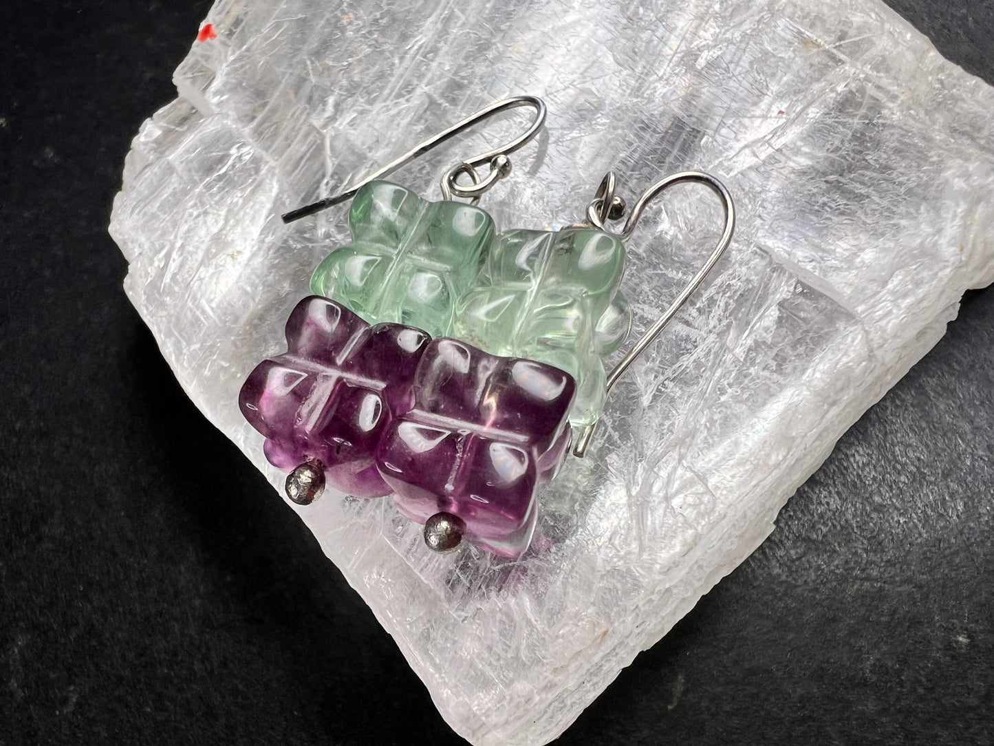 Sterling Silver Carved Fluorite Flower Drop Earrings