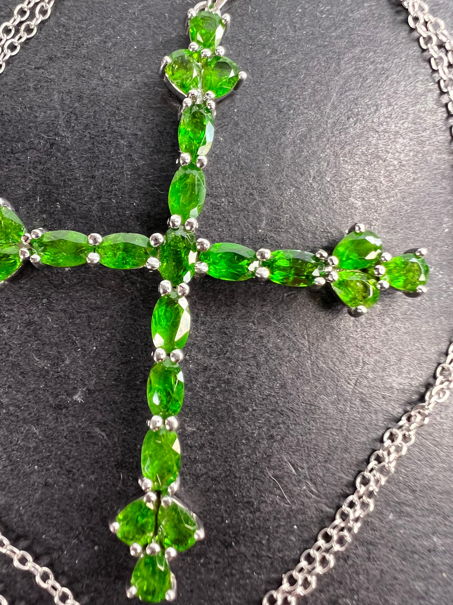 Chrome diopside cross pendant and chain in sterling silver