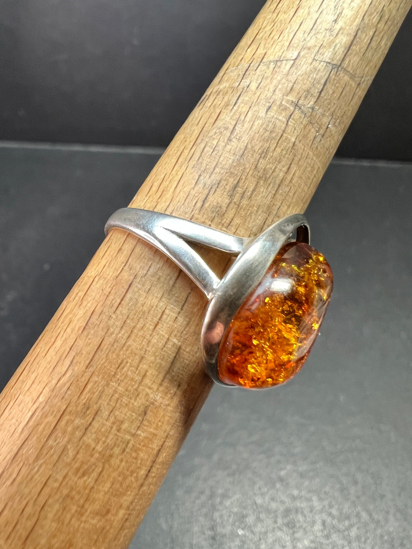 Sterling Silver Baltic Amber Ring Size 8 Teardrop Cabochon