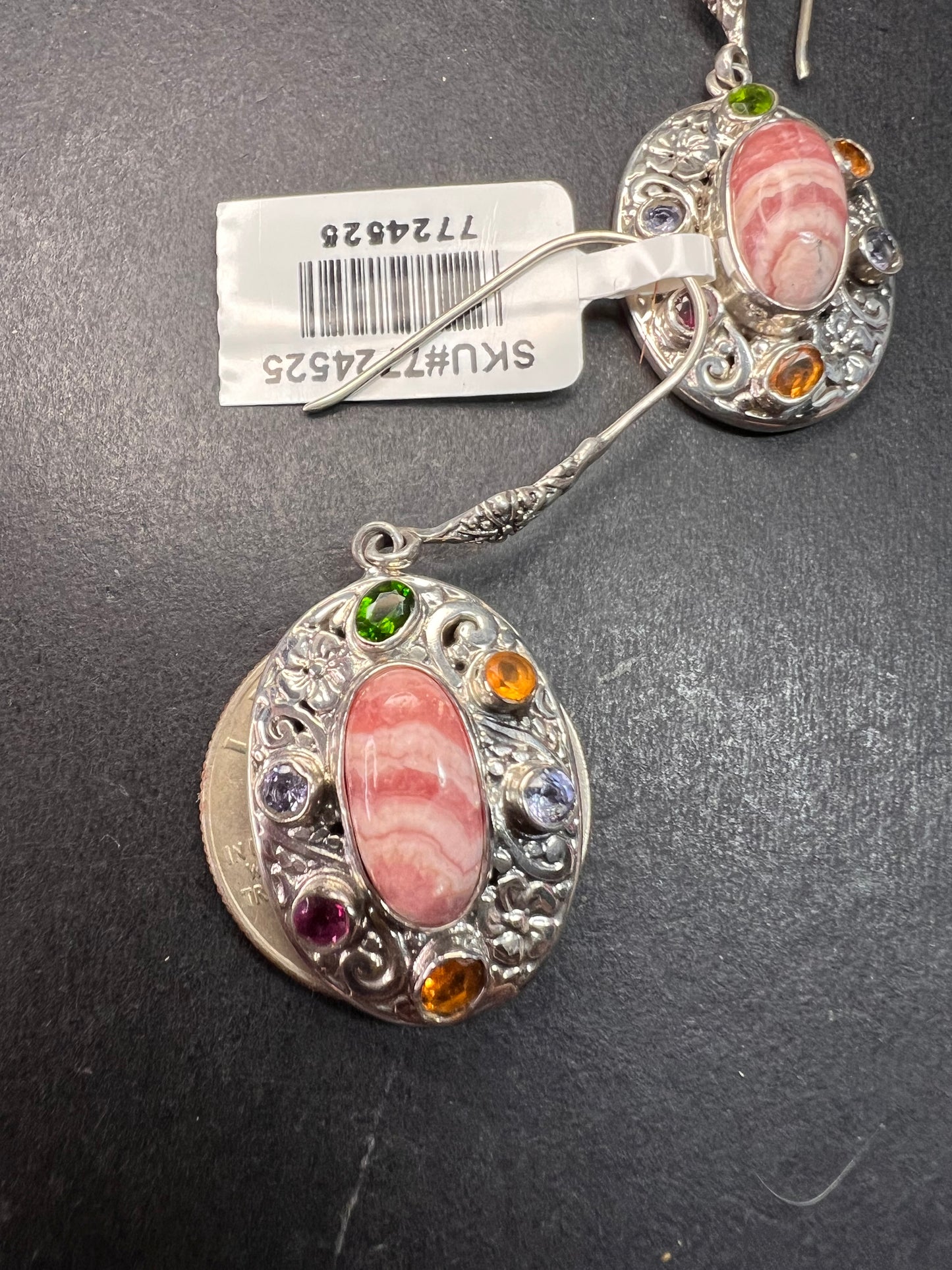 NEW Bali rhodochrosite multi gem sterling silver earrings