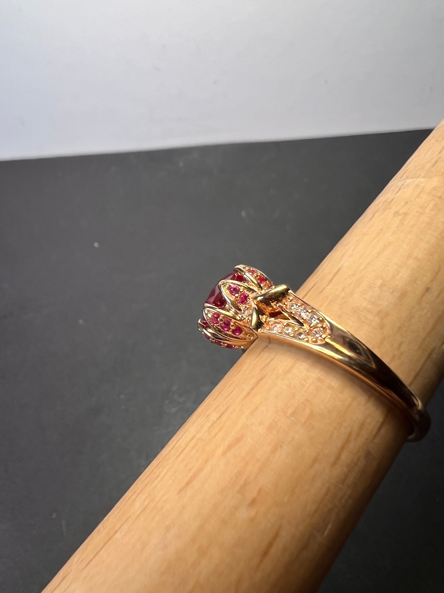 Lab Ruby and pink sapphire rose gold over sterling statement ring size 10