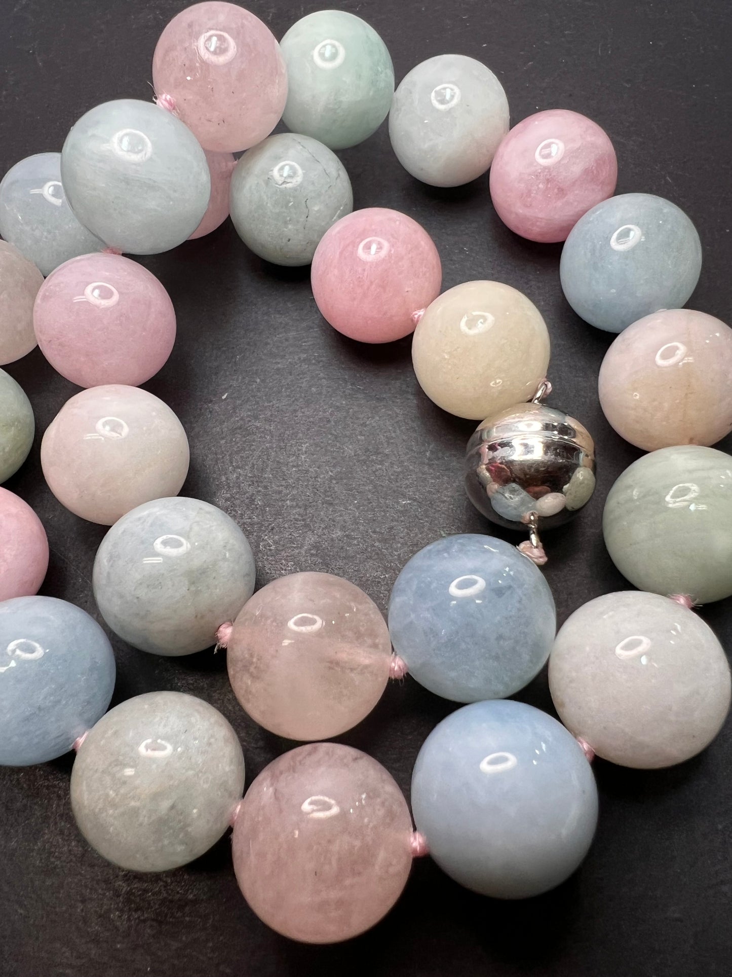 16mm morganite aquamarine beryl knotted bead 18 inch necklace with 925 magnetic clasp