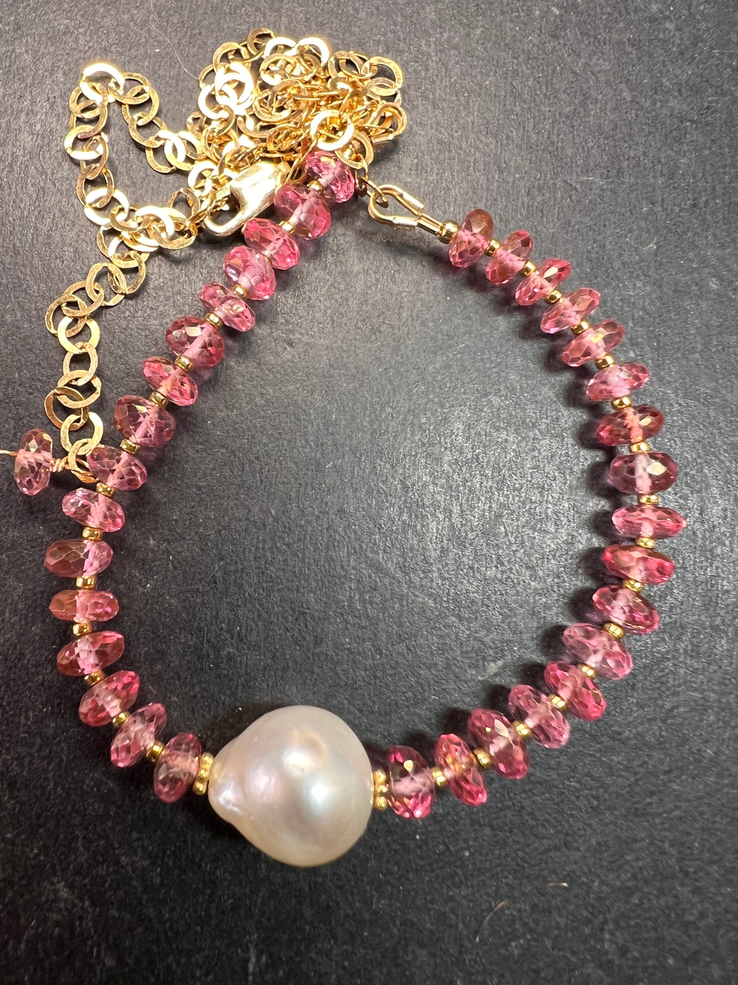Gold Filled Necklace with Baroque Pearl and Pink Faceted Gemstone Beads