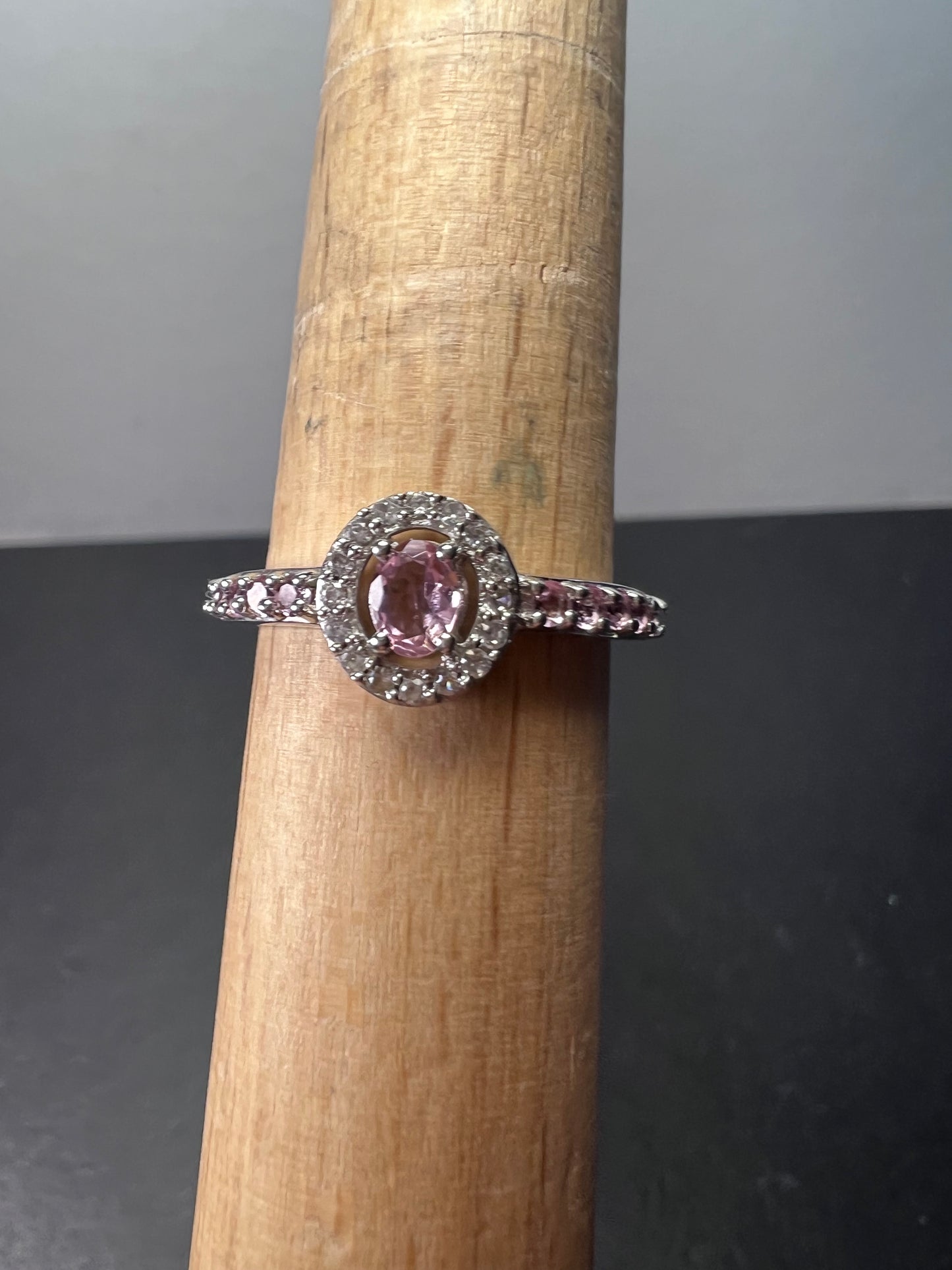 Pink tourmaline and white zircon sterling silver halo ring size 9